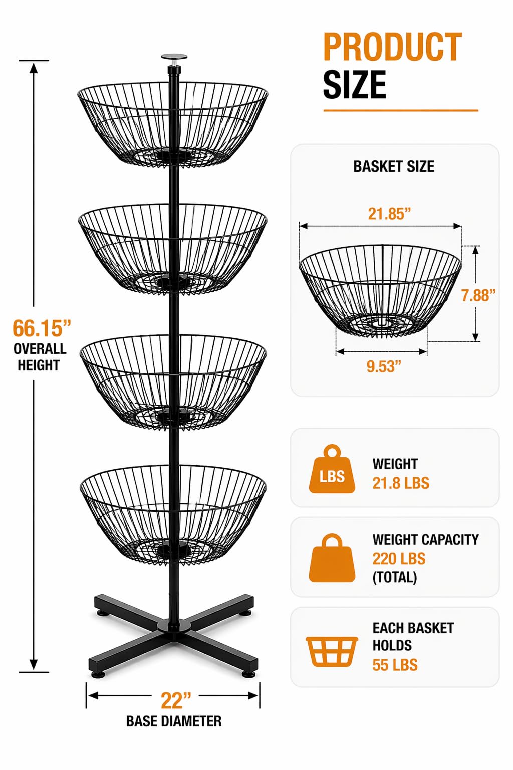 STEELAID 4 Tier Rotating Wire Basket Display Stand Dump Bin, Heavy Duty Metal Floor Merchandising Rack for Candy Snacks Chips Toys Drinks, Spinner Retail Organizer with Stable Cross Base, Black