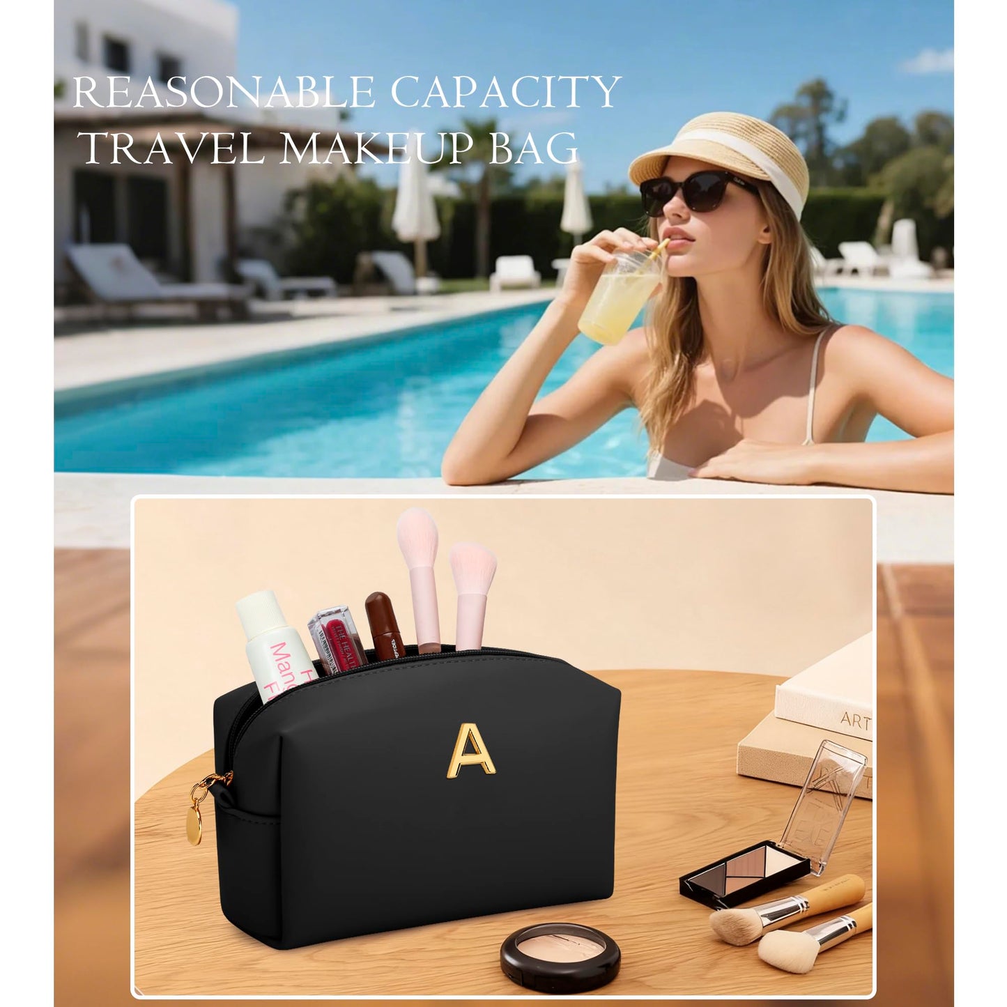 CLOUDWINGS Gifts for Women Bridesmaid Gifts Personalized Initial Makeup Bag PU Leather Cosmetic Waterproof Travel Toiletry Bag (Black A)