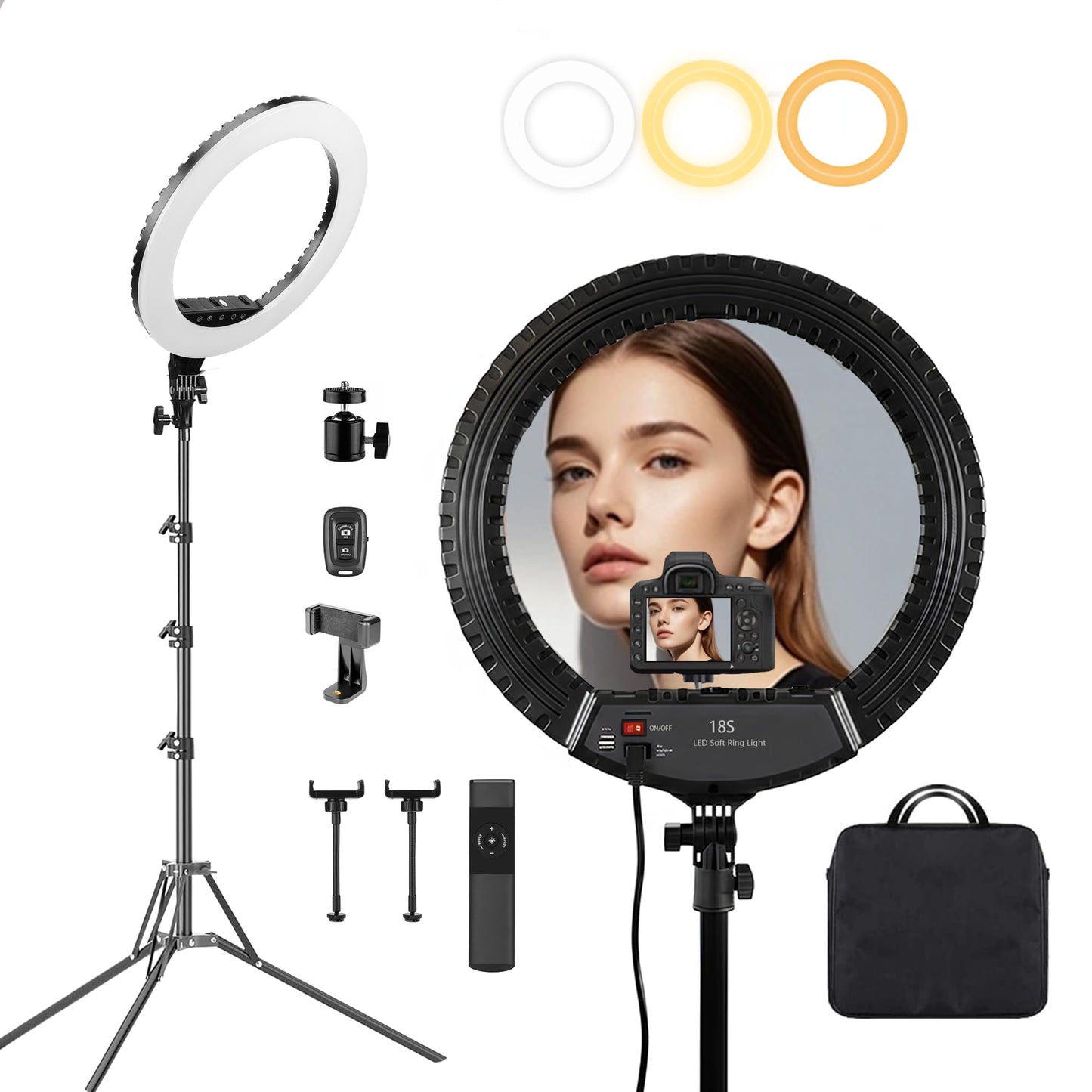 18" LED Ring Light with Tripod Stand, Professional Dimmable Ring Light Kit