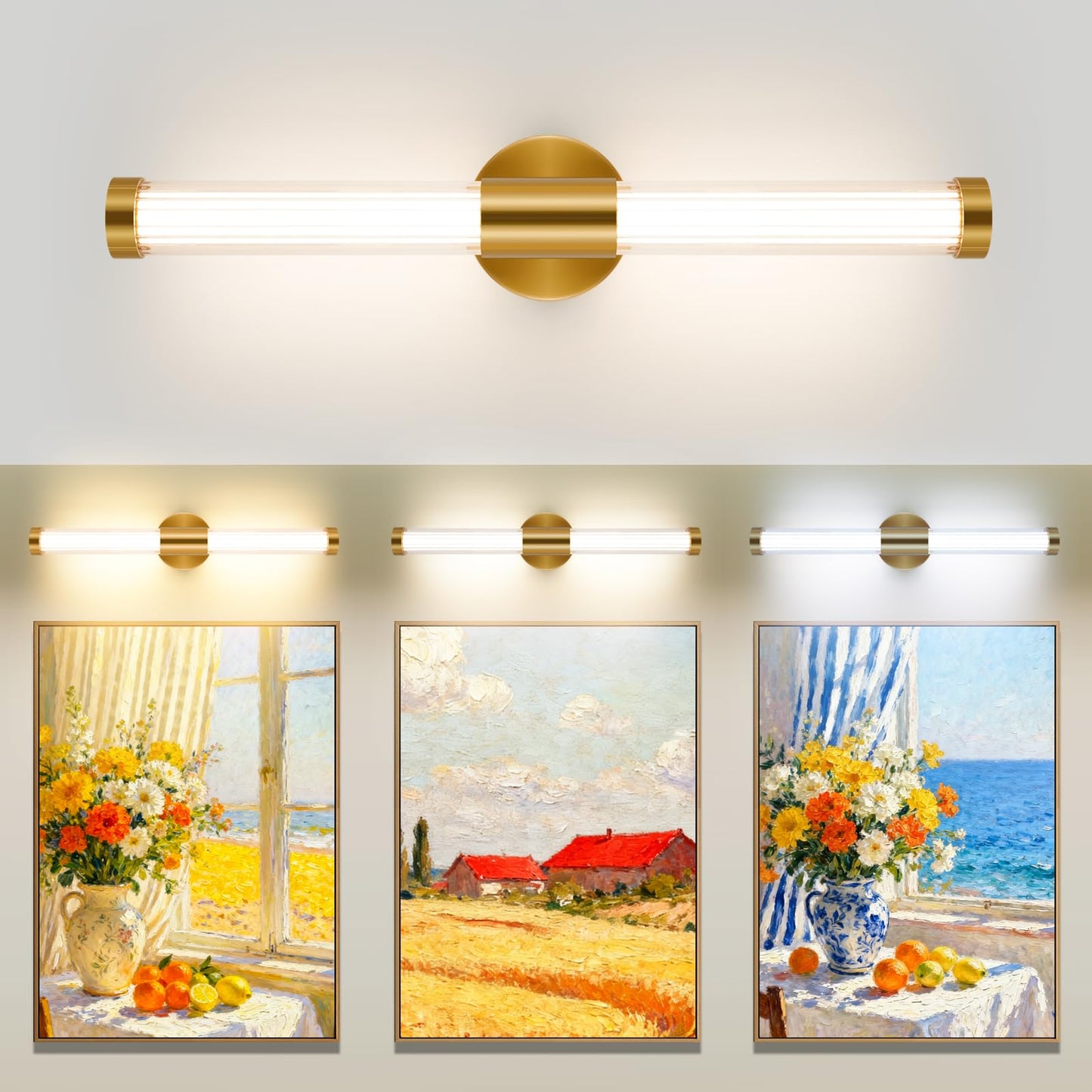 MantoLite Bathroom Vanity Light bar, Modern Brass LED Wall Sconce Over Mirror, Dimmable 3000K/4000K/6000K,Hardwired Bathroom Wall Light,24 Inch Bar Long Strip Sconce