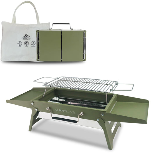 Charmline 14 x 9 inches Small Portable Charcoal BBQ Grill, Foldable Compact Camping Barbecue for 1–3 People, Ideal for Garden, Beach, Picnic & Tabletop Use, Green