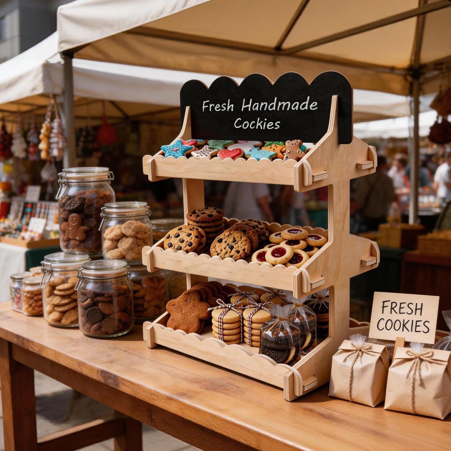 Idcymoul Cookie Display Stand, 3 Tiered Sturdy Wooden Stand with Chalkboard Sign for Bakers, Vendor Booths, Craft Fairs & Farmers Markets, 6.5inch Interval Display for Cookies, Cupcakes & Pastries
