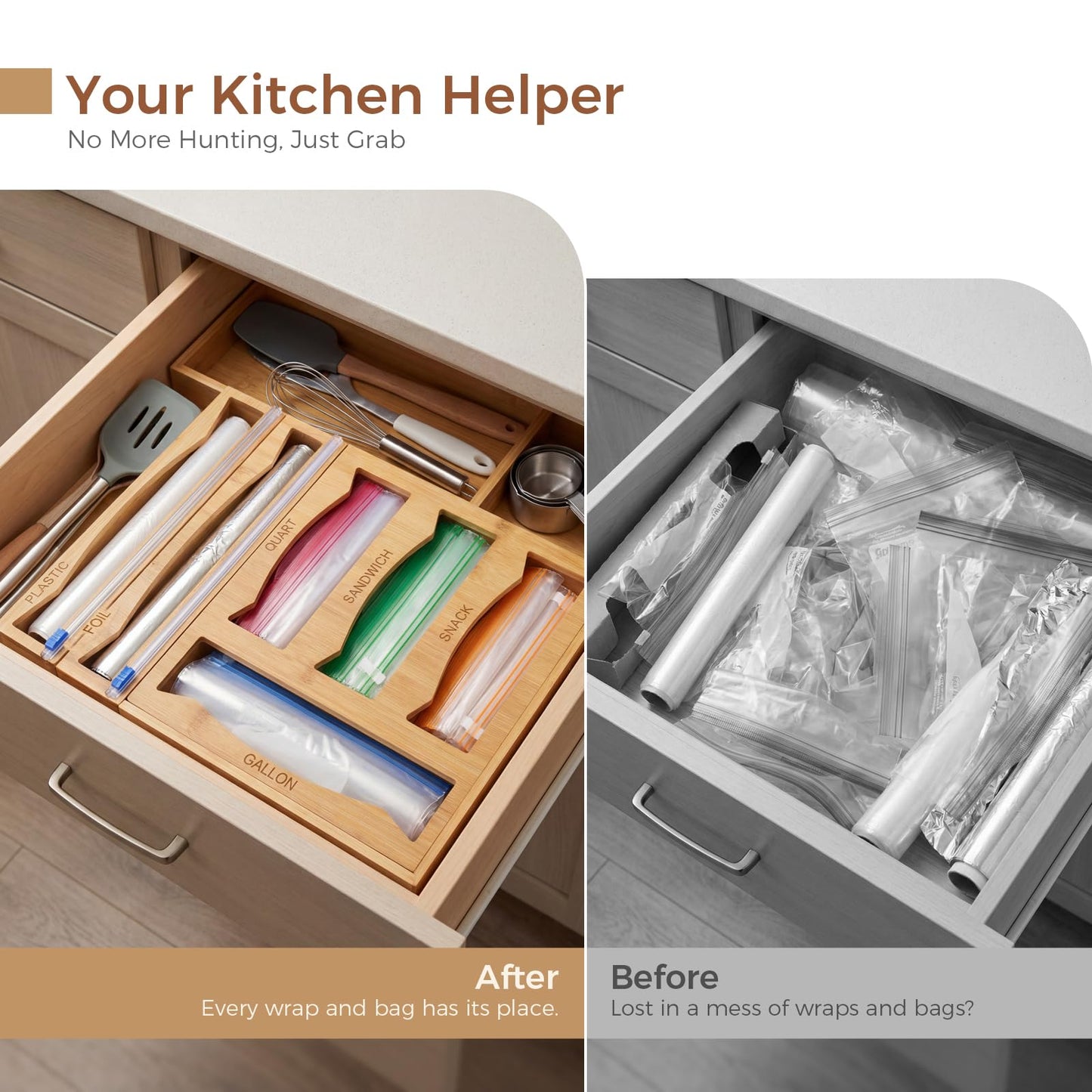 6 in 1 Storage Bag Organizer Kitchen Drawer, Bamboo Foil and Plastic Wrap Dispenser with Slider Cutter, Kitchen Bag Organizer for Quart, Gallon, Sandwich and Snack Bags