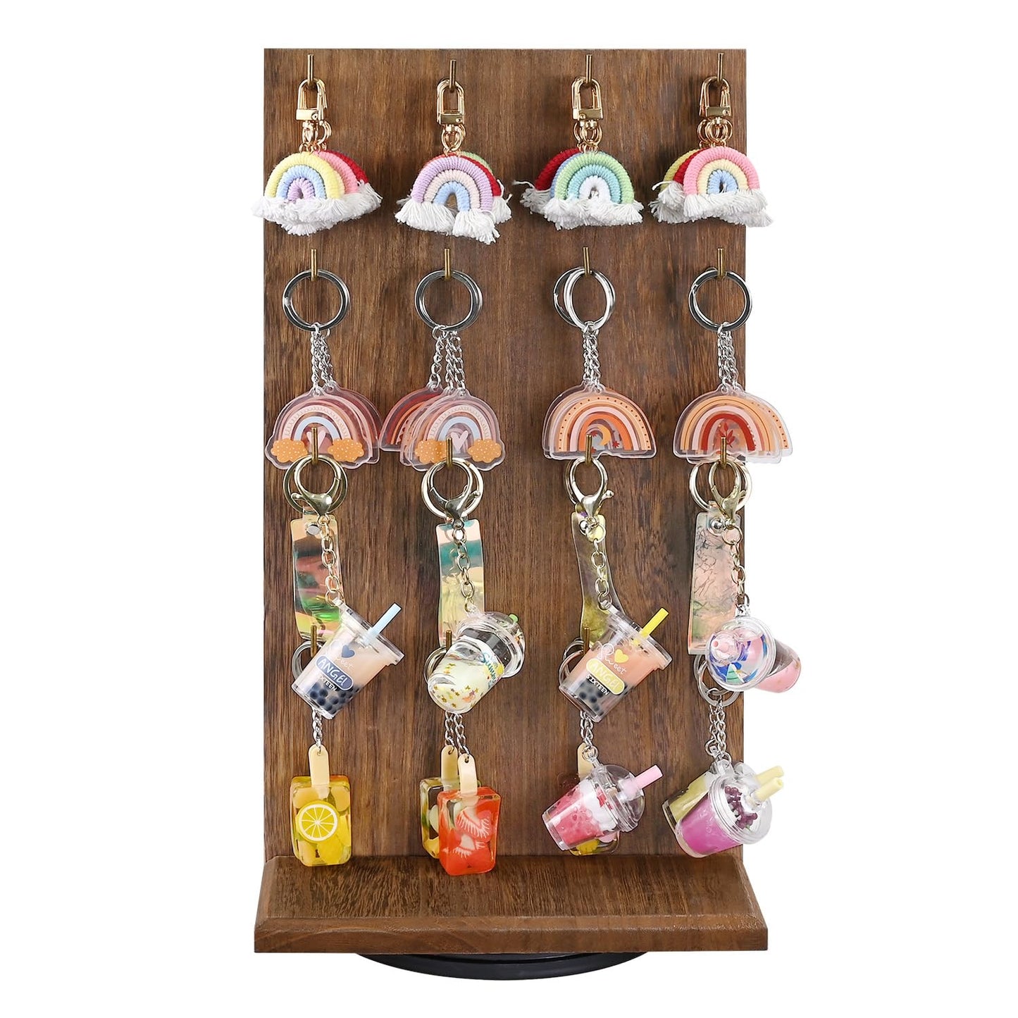 MOOCA Wooden Rotating Two-Sided Jewelry Display Stand, Rotating Organizer with 32 Long Hooks for Store, Keychain Earring Display, Brown color, 9.1W x 7.5 D x 17.1 H in