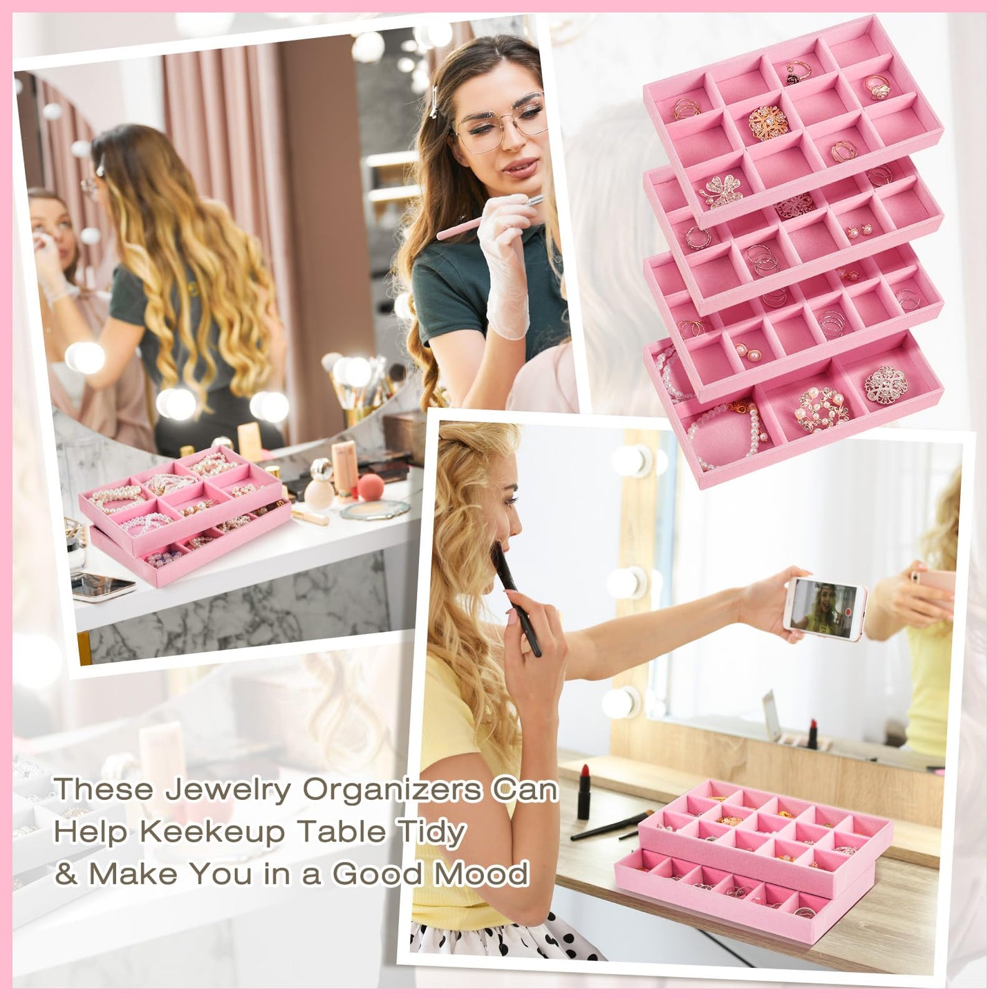 Junkin 12 Pcs Jewelry Tray Velvet Stackable Jewelry Organizer Trays Divided Earring Accessories Storage Containers Box(Pink)
