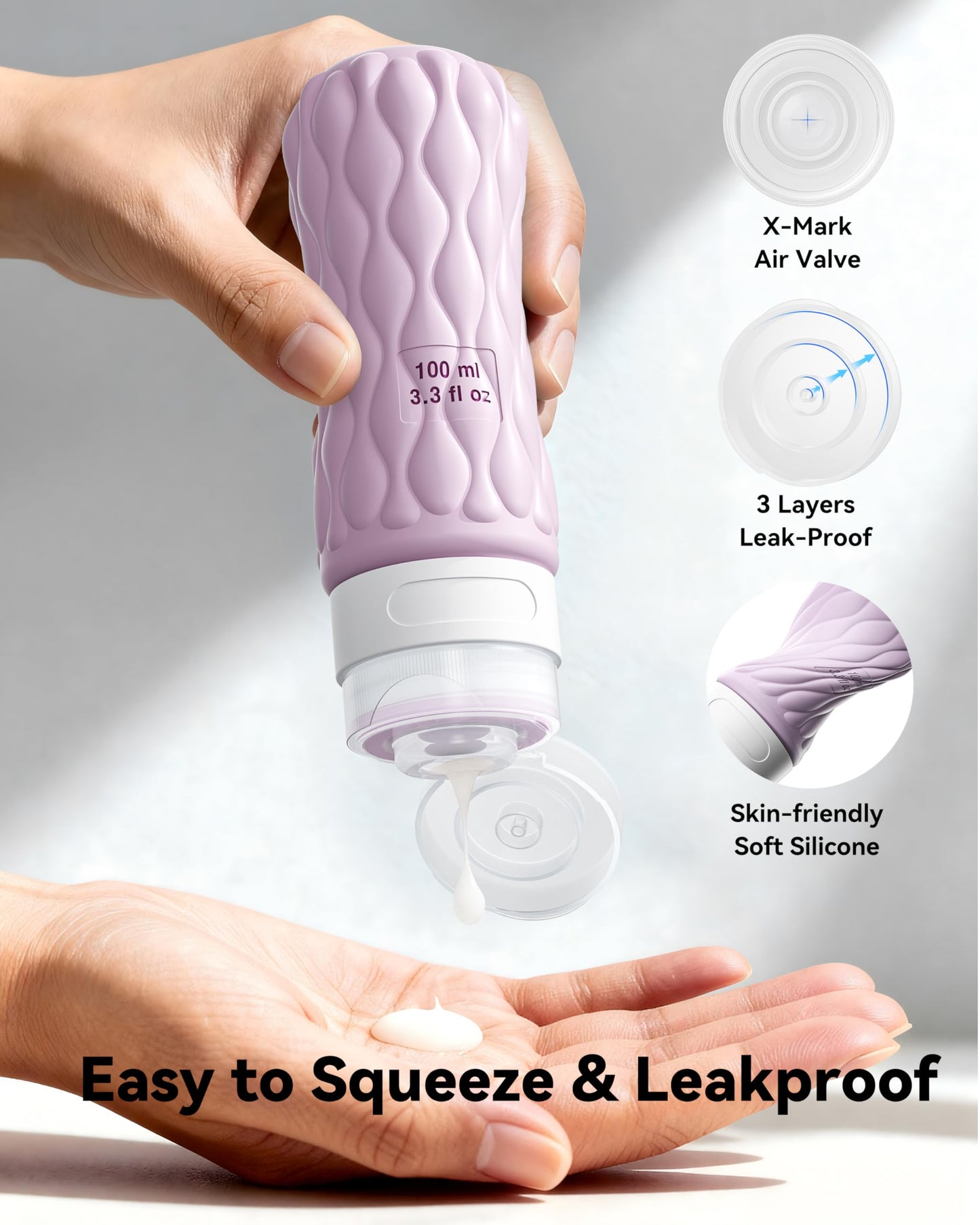 Lericttor Silicone Travel Bottles for Toiletries 8 Pack Travel Size Toiletries 3.4 oz 1.7 oz, Leakproof Squeeze Travel Size Containers Refillable Cosmetic Jars Set for Shampoo, Conditioner, Creams