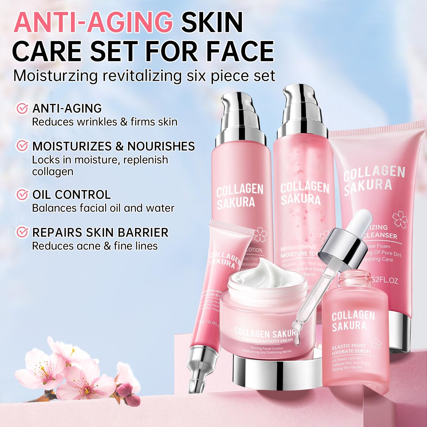 Sakura Skin Care Set, Cherry Blossom Skincare Set for Teen Girls, Hydrate & Repair Skin, 6 Pcs Individually Packaged Collagen Skin Care Kits with Cleanser, Toner, Lotion, Serum, Cream & Eye Cream