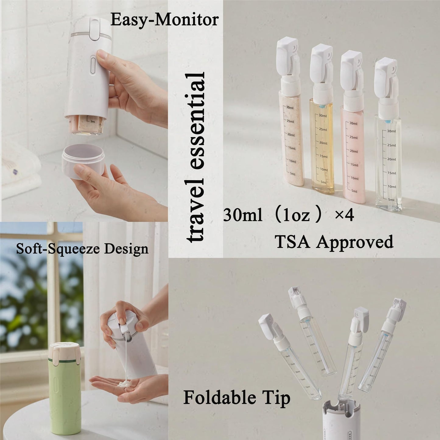 PIQOLA 4 in 1 Travel Dispenser Bottle, Leak Proof Refillable Travel Toiletry Containers for Shampoo Lotion Liquid, TSA Approved Travel Bottles Set for Business Trip Camping, 4 x 30ml, White
