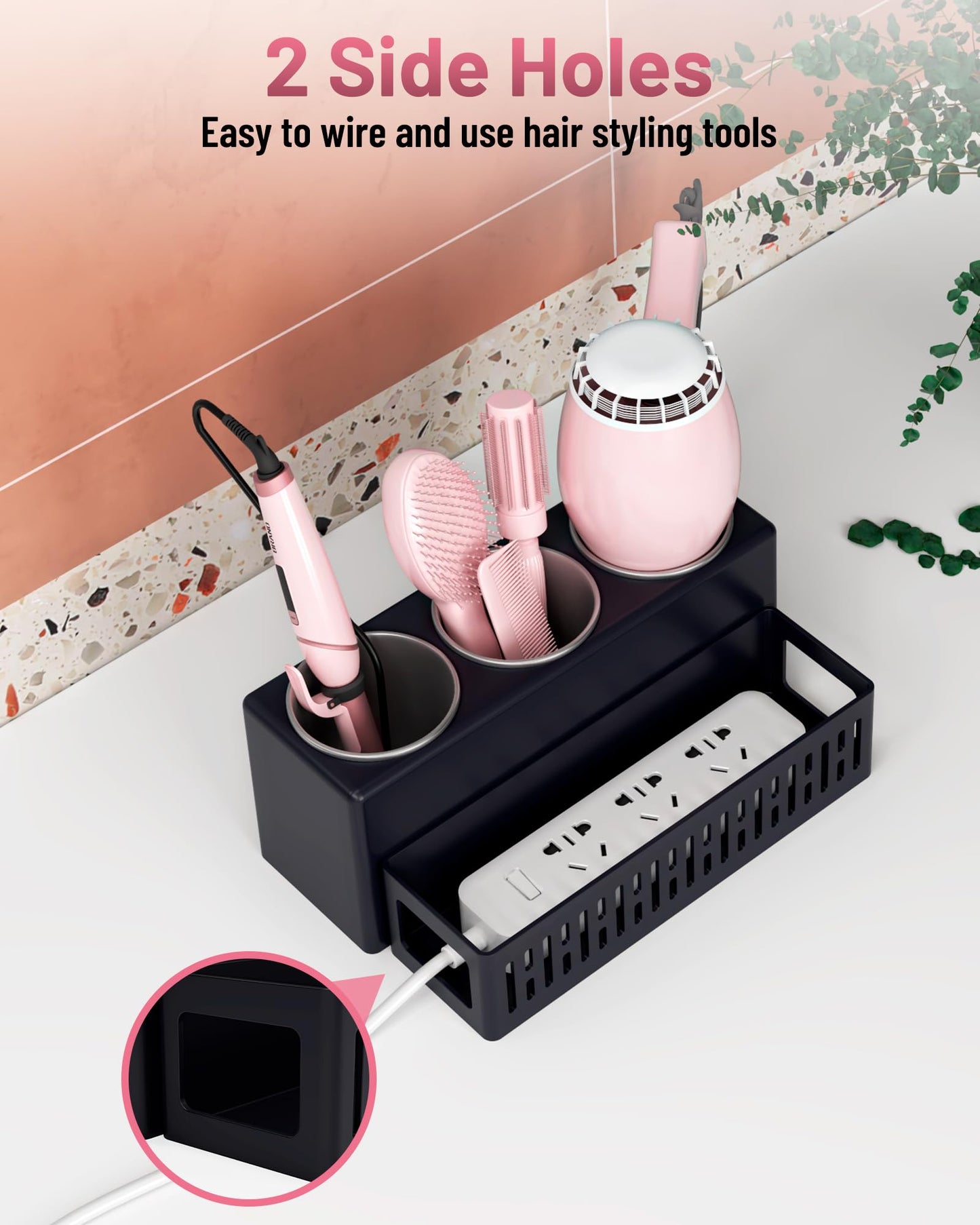 LATTYSY Hair Tool Organizer, Detachable Hair Dryer Holder with 3 Stainless Steel Cups, Wall Mounted Bathroom Organizers and Storage for Accessories, Curling Irons, Straighteners, Toiletries, Makeup