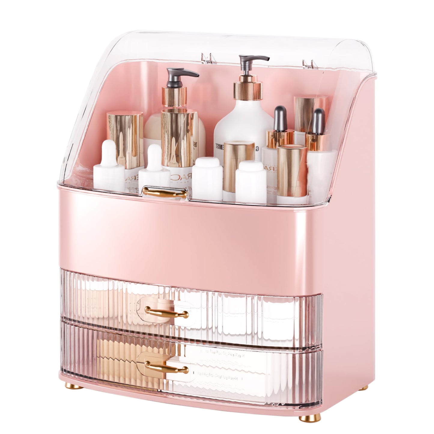 Plukers Makeup Organizer Countertop Vanity with Transparent Lid Drawers Waterproof Dustproof Cosmetic Skincare Bathroom Storage Gift for Women Teens Girls (Pink)