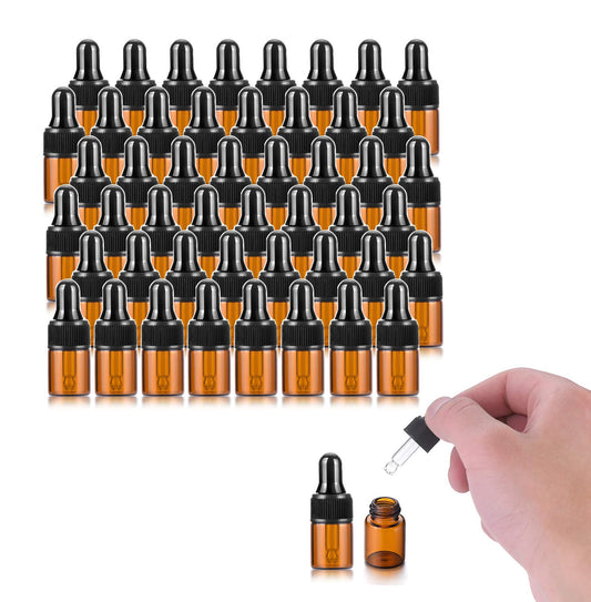 50 Pack, 2ml Amber Glass Dropper Vial for Essential Oils, Empty Eye Dropper Bottle With Black Screw Cap, Liquid Pipette Travel Test Sample Perfume Vial - Transfer Pipette Included