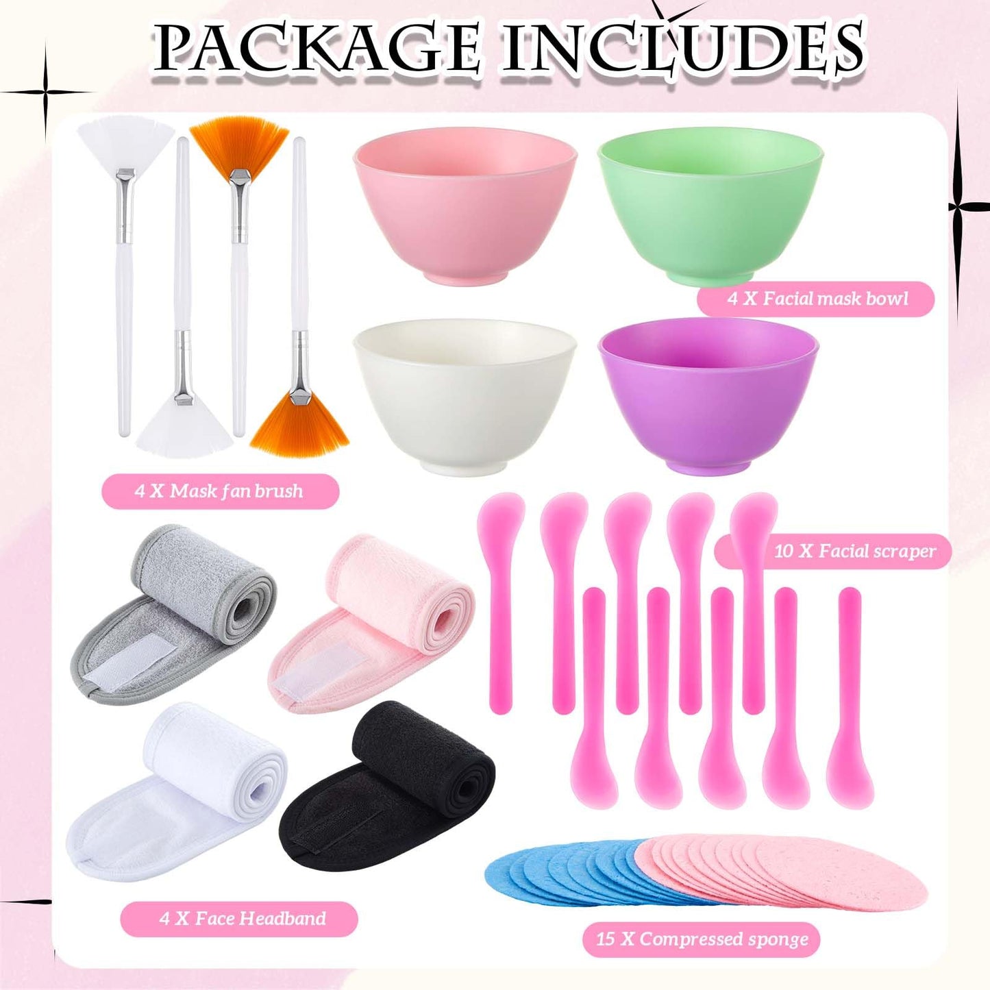 Reallnaive 37 Pcs Face Mask Mixing Bowl Set for Esthetician Supplies Tool Kit with Facial Mask Bowl Stick Spatula Soft Brushes Wet Puff Headband Clay Applicator Tools