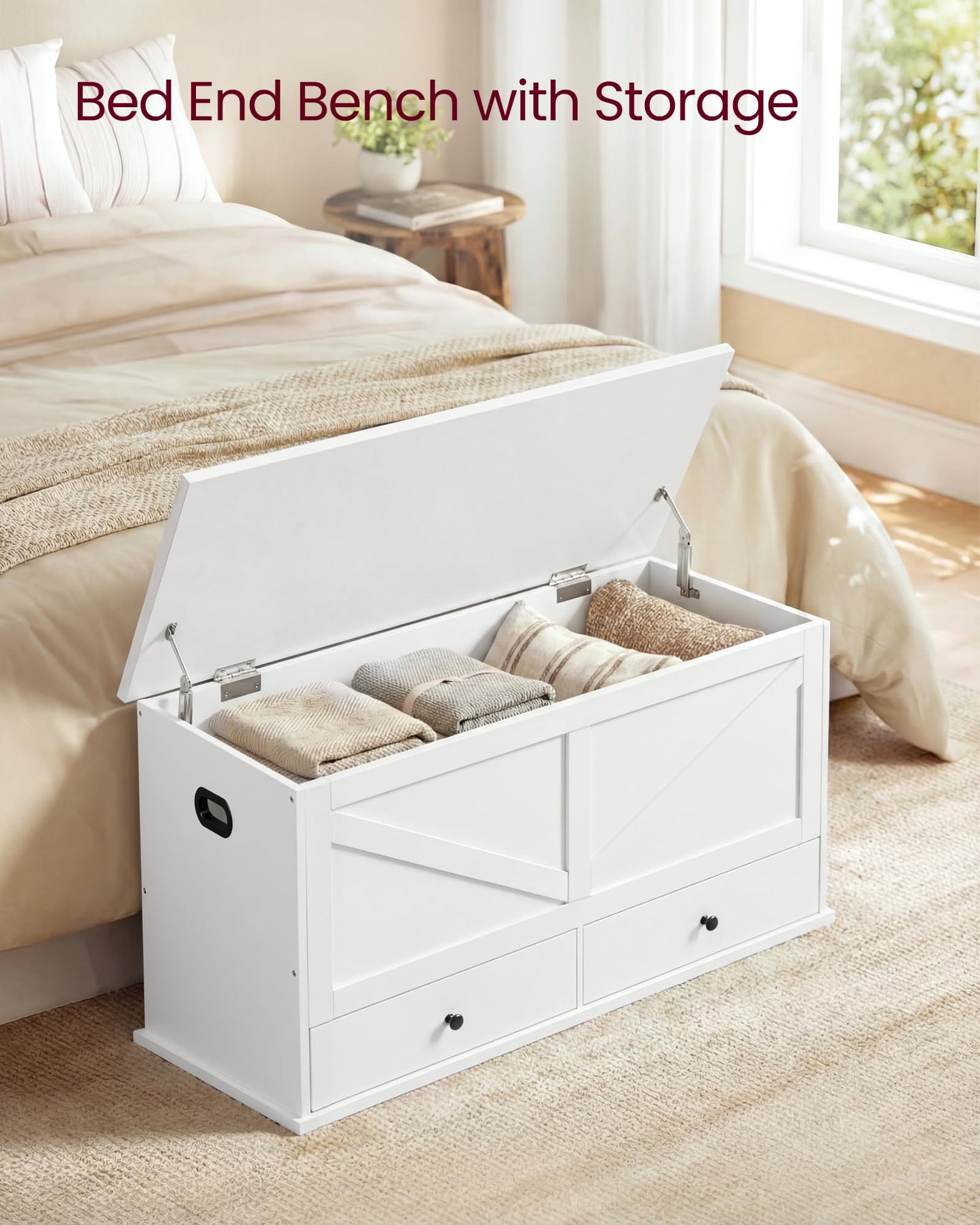 VASAGLE Storage Chest, Storage Bench with 2 Fabric Drawers, Farmhouse Style, for Entryway, Bedroom, Living Room, 15.7 x 39.4 x 19.9 Inches, Cloud White ULSB043W01