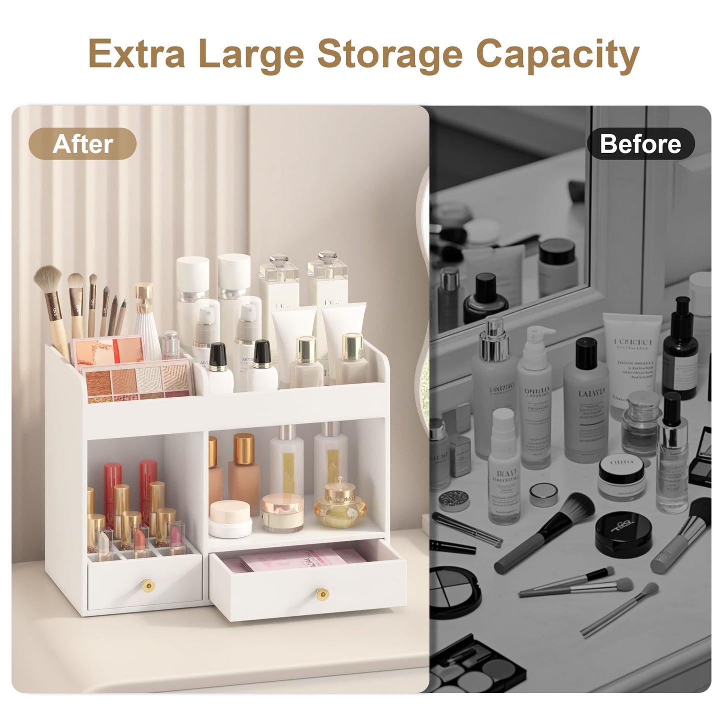 Wisuce Essentials Large Makeup Organizer with Drawers, Bamboo Countertop Cosmetic Storage for Dresser Vanity Organizer Beauty Desk Skincare Holders Container Make Up Organizing for Lipstick