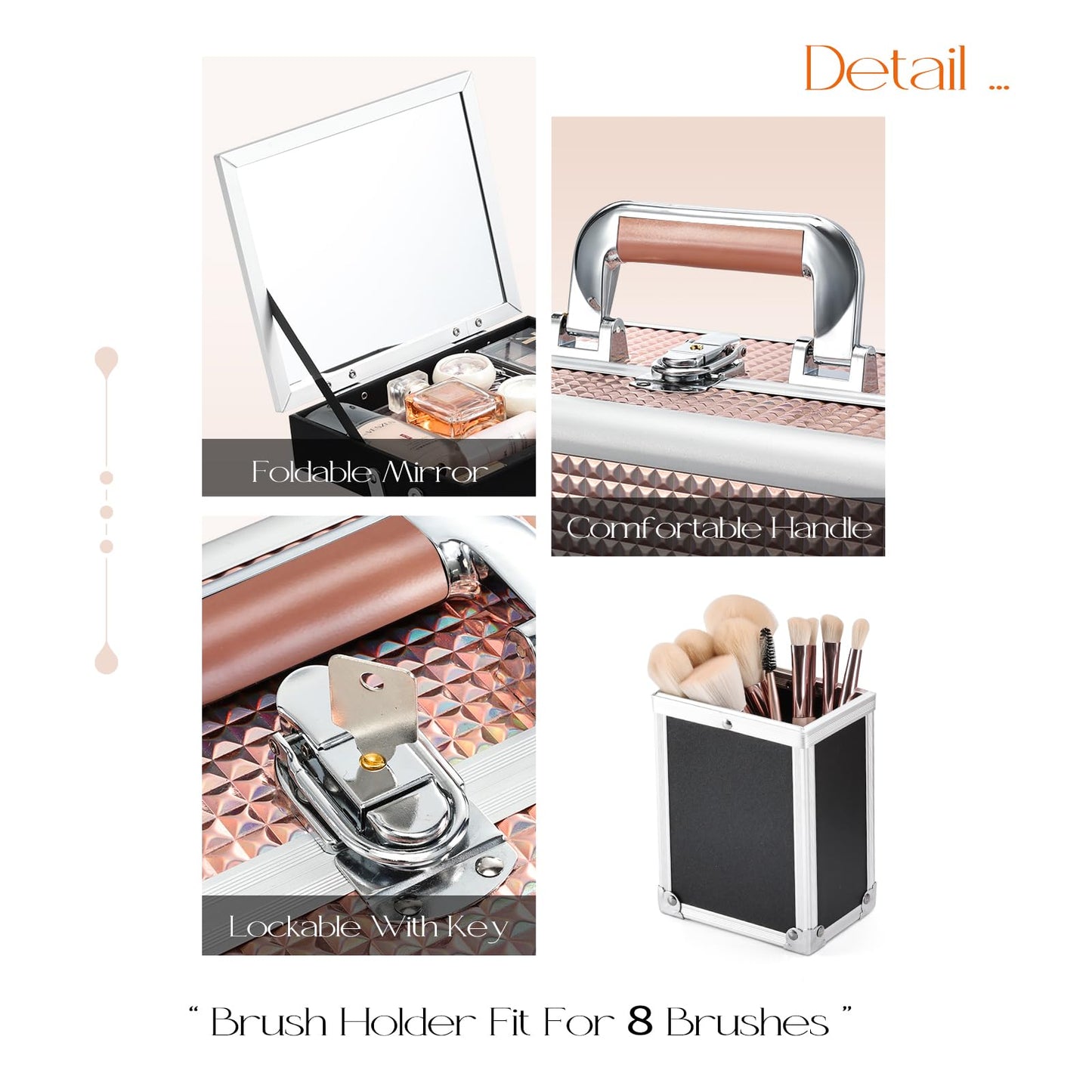 Joligrace Dazzle Gold Makeup Train Case, 3-Tier Makeup Box Organizer and Portable Makeup Organizer Box, Hard Makeup Case with Mirror and Lock, Professional Makeup Case for Women