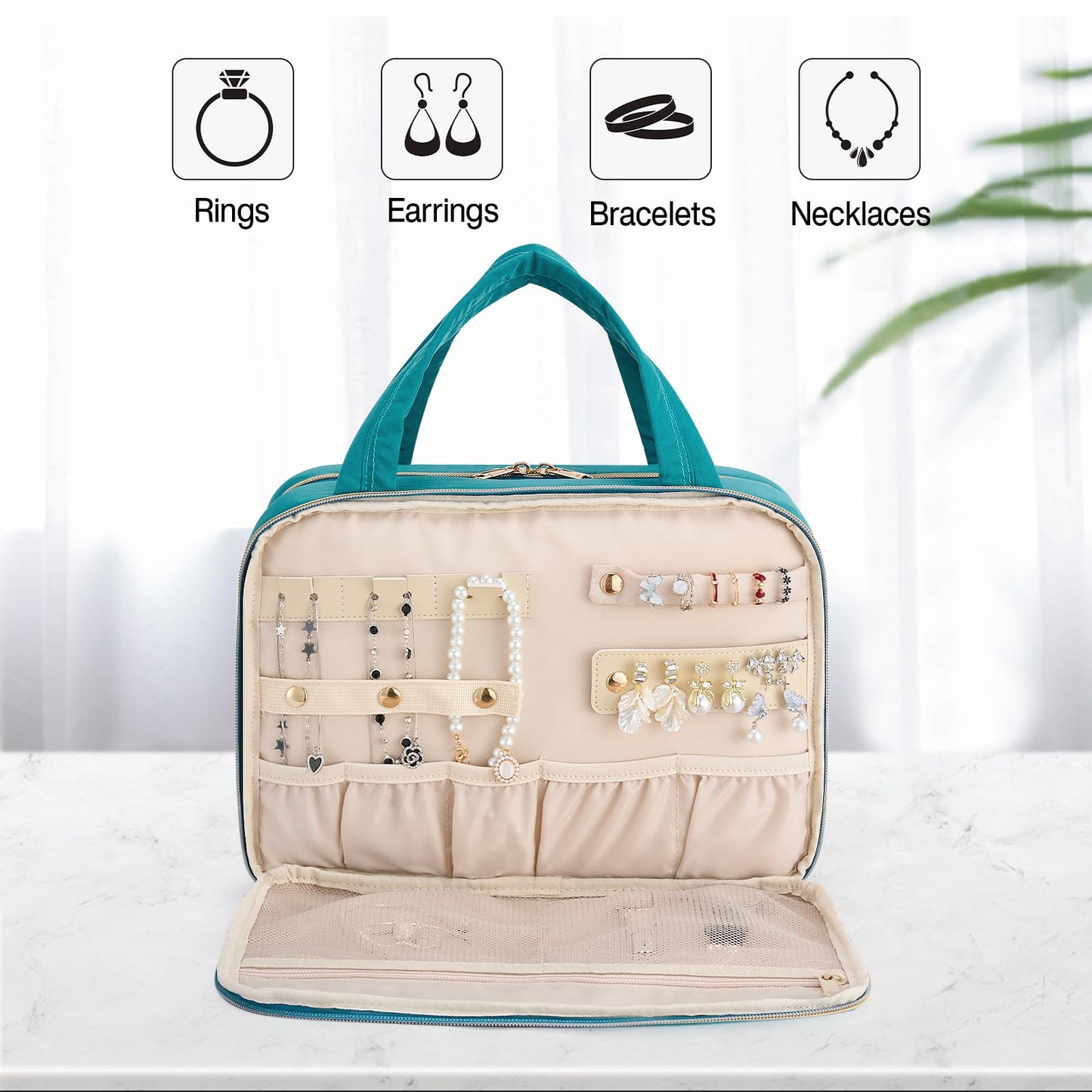 Hanke Hanging Travel Toiletry Bag for Women with Jewelry Organizer Compartment, Travel Essentials Toiletries and Makeup Bag, Water-Resistant & Stain-Resistant with Trolley Strap (Turquoise Green)