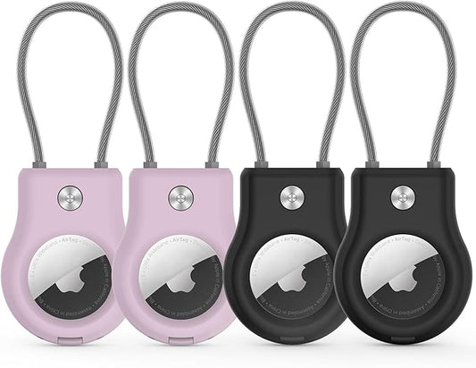 Air Tag Keychain Holder - (4 Pack) Air Tags Lock Case with Wire Cable Compatible with AirTags,Ultra Durable Anti-Lost Protective Case with Keyring for Luggage, Key, Backpack, Pet, Bag Black/Purple