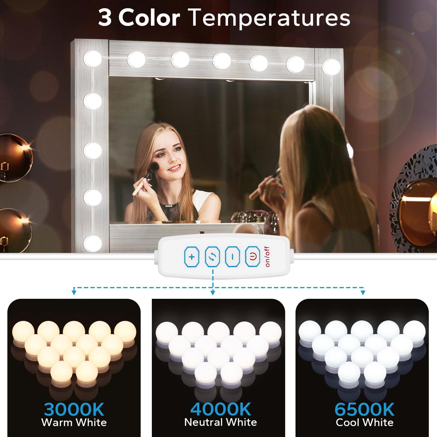 LED Vanity Lights For Mirror with 14 Dimmable Bulbs, Vanity Lights Stick on, 3000K 4000K 6500K & 10 Level Brightness Adjustable, USB Cable, Hollywood Mirror Lights for Makeup Dressing Room Bathroom