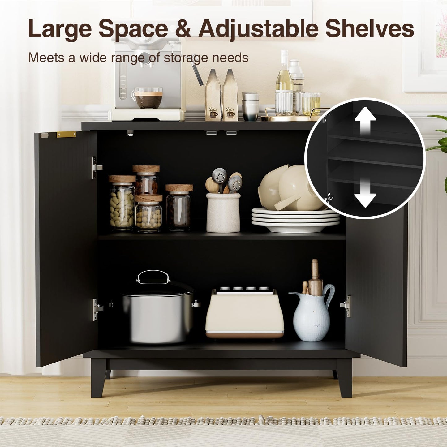 Fluted Cabinet with Storage, 2 Doors Sideboard Buffet, Mid Century Modern Accent Cabinet with Adjustable Shelves, Multifunctional Console Table with Storage for Living Room, Kitchen, Entryway