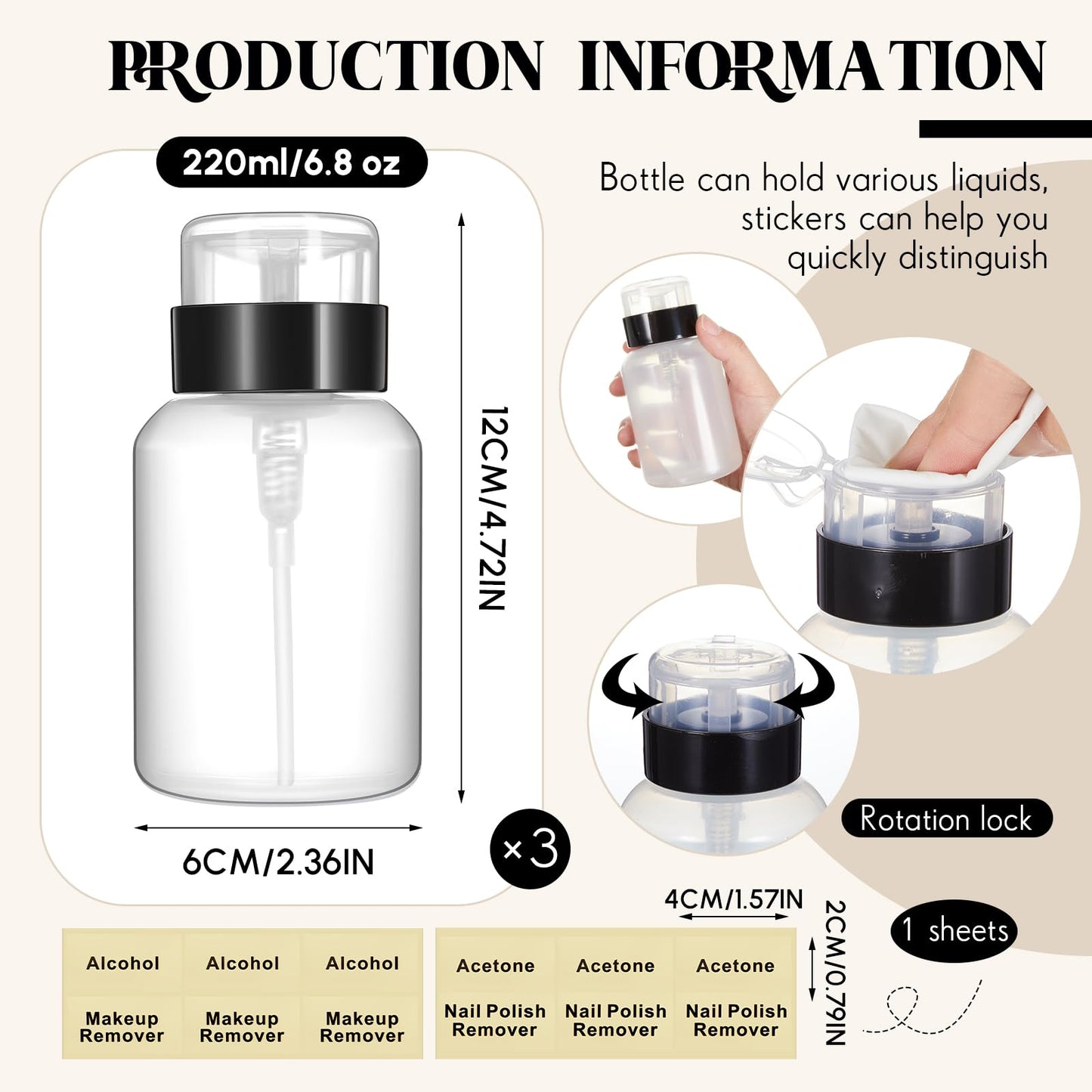 Layhit 3 Pack 6.8 oz (200ml) Push Down Lockable Pump Dispenser Bottle with Stickers, Alcohol Push Down Empty Refillable Container for Nail Polish Remover, Alcohol & Makeup Remover (Black Top Cap)