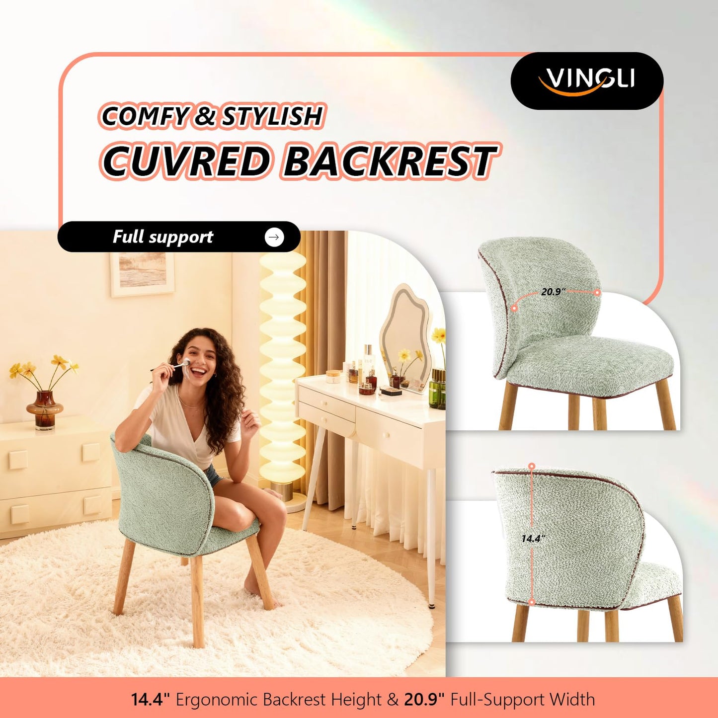 VINGLI Chenille Curved-Back Armless No Wheels Vanity Chair for Girls, Cute & Furry Upholstered Desk Chair with Solid Wood Legs for Study/Makeup/Bedroom/Dressing, Fluffy Makeup Chair for Teens, Green