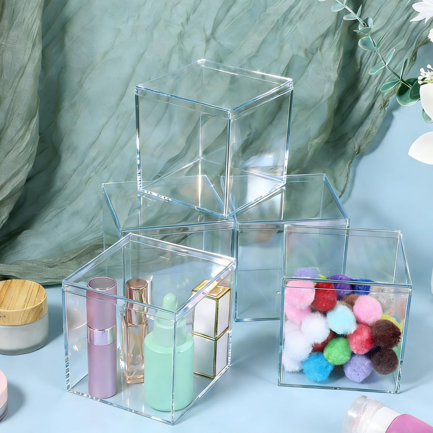 kenaeooe 12 Pcs Clear Acrylic Box with Lid, 4 x 4 Inch Square Decorative Storage Container for Candy, Little Trinkets, and Jewelry Display