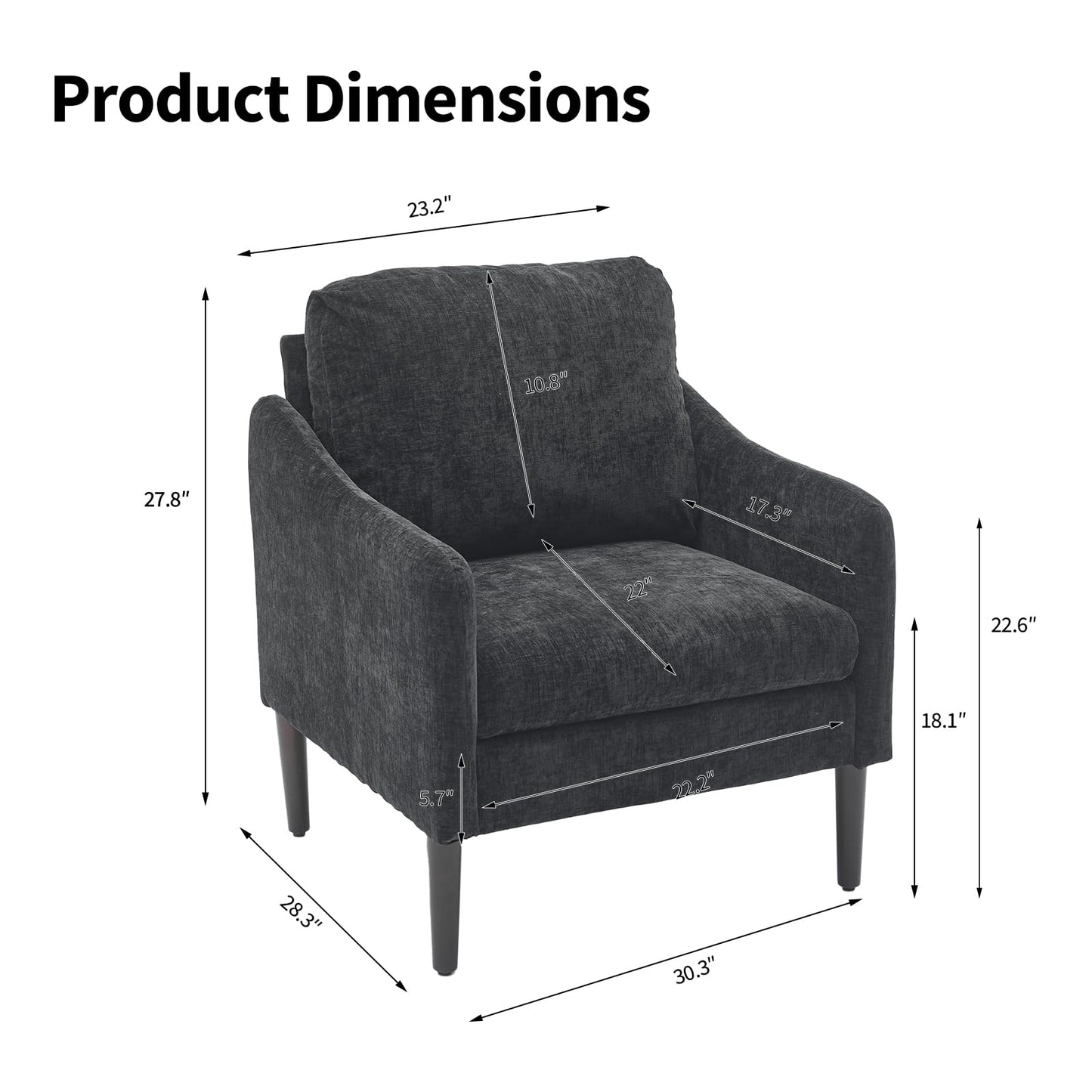 Mid-Century Modern Side Chair, Chenille Fabric Comfy Reading Chair for Adults, Curved Armchair, Modern Cloud Single Sofa Accent Chair for Bedroom, Living Room, Office & Waiting Room,Black