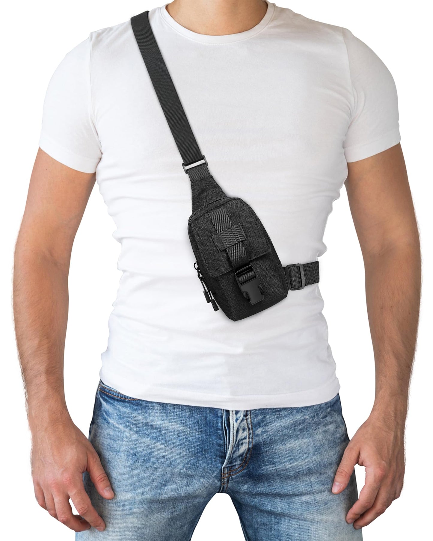 Peicees Small Sling Bag for Men, Tactical Inspired Waterproof Utility EDC Mini Crossbody Chest Bag for Travel Work Sport, Canvas Black