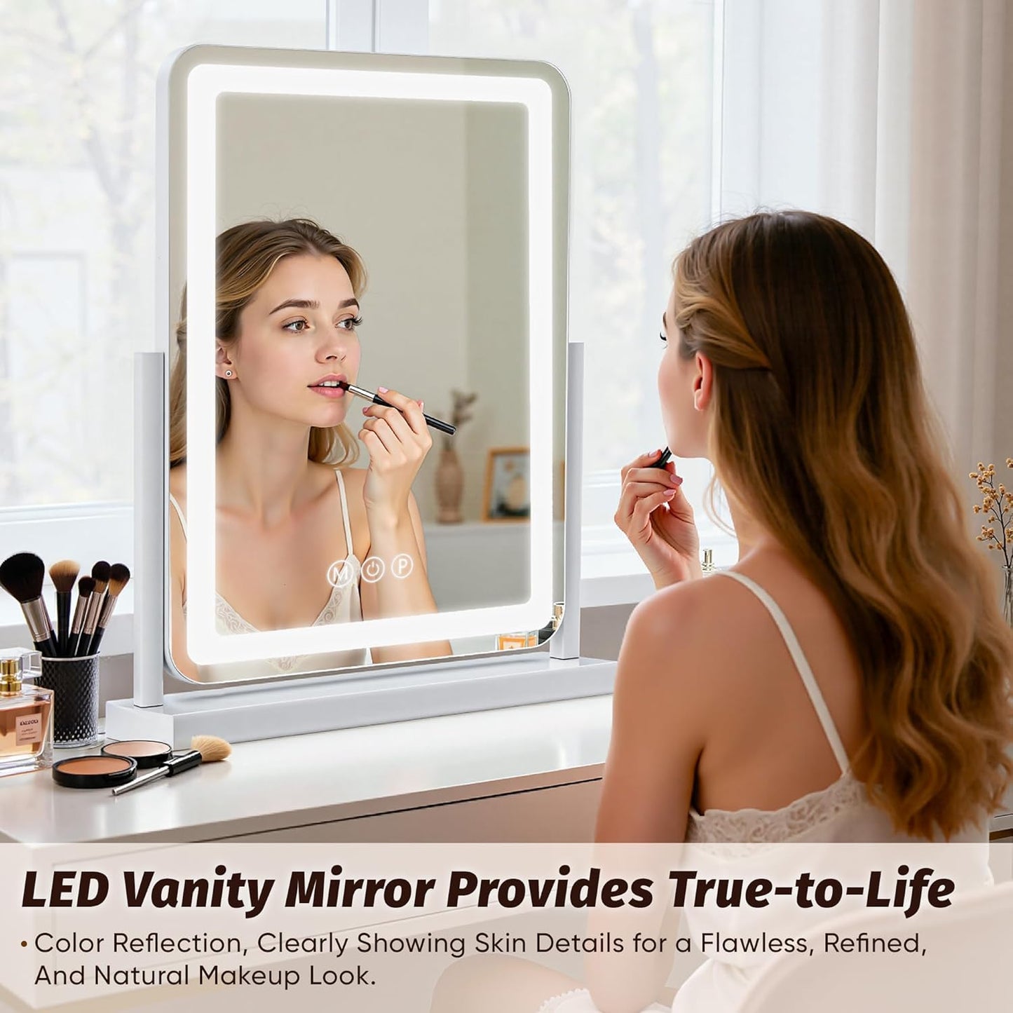 Novlux Vanity Mirror with Lights, 18"x13" Hollywood Lighted Makeup Mirror for Tabletop & Bedroom 3 Color Lighting Modes Smart Touch Control 360° Rotation Detachable