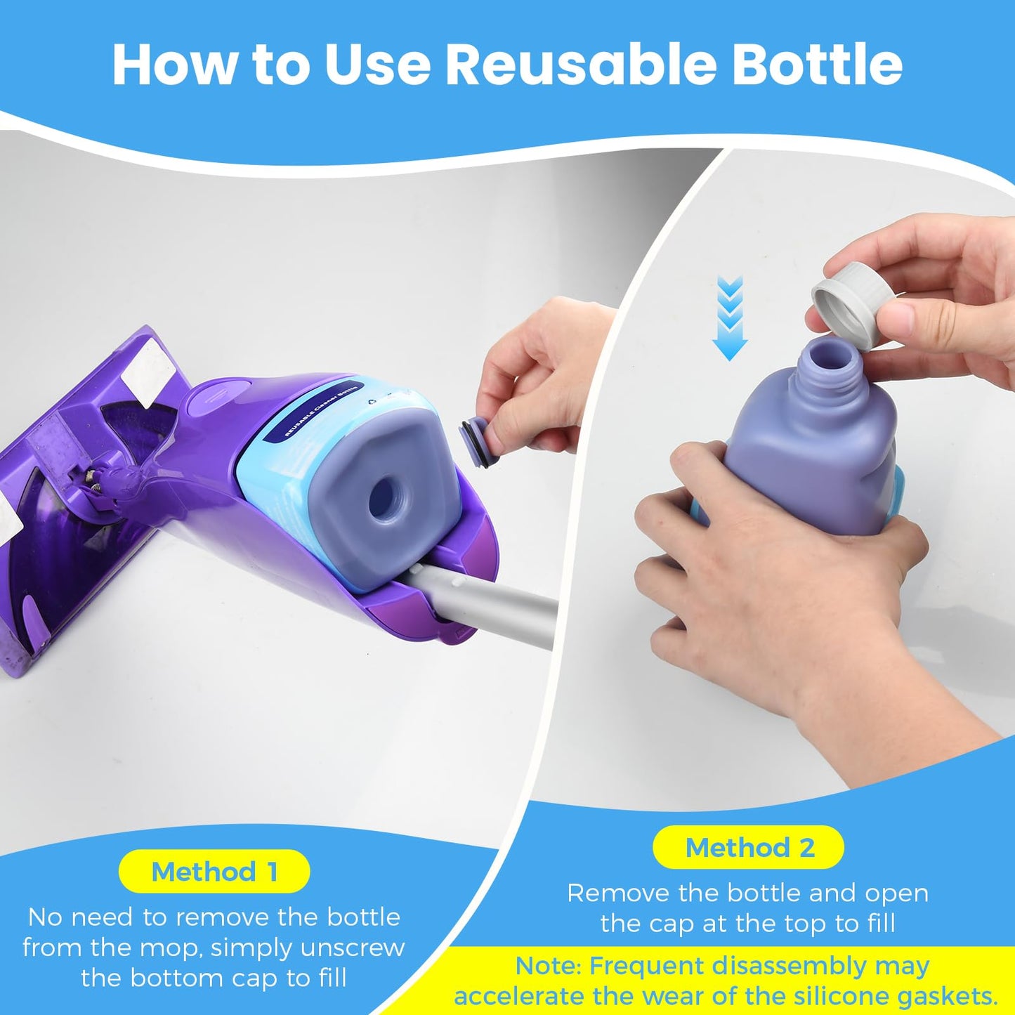 DrFlito Refillable Bottle for Swiffer® Wet Jet™ Mop – 500ml /17 FL OZ, Leak-Proof HDPE Solution Refill Bottle with 18 Silicone Gaskets & 1 Funnel,Easy Install for Use with Any Cleaning Solution