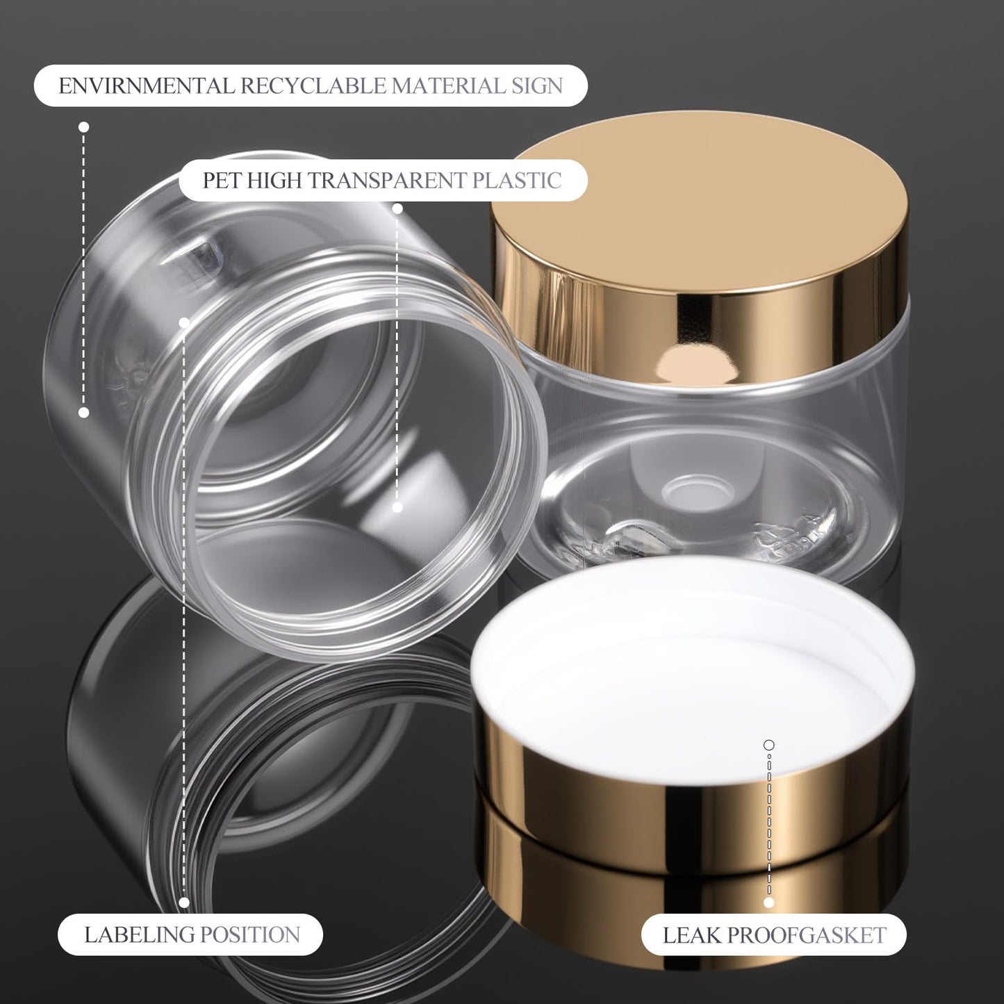 Patelai 48 Pack 2 oz Clear Plastic Jars with Gold Lids Empty Containers Round Clear Plastic Jars Wide-mouth Refillable Storage Organizers for Cosmetics Lotions Butters Slime Making and Food Storage