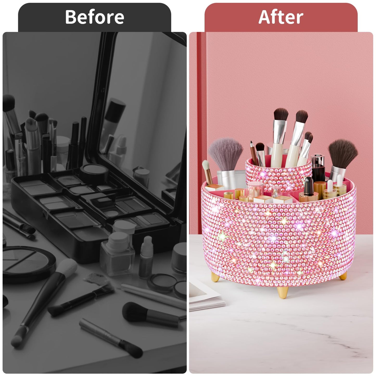 fanado Bling 360° Rotate Makeup Brush Holder Organizer, Makeup Organizers Countertop, Makeup organization and Skincare Storage for Vanity, Gift for Women Girls (Bling dz-Pink)