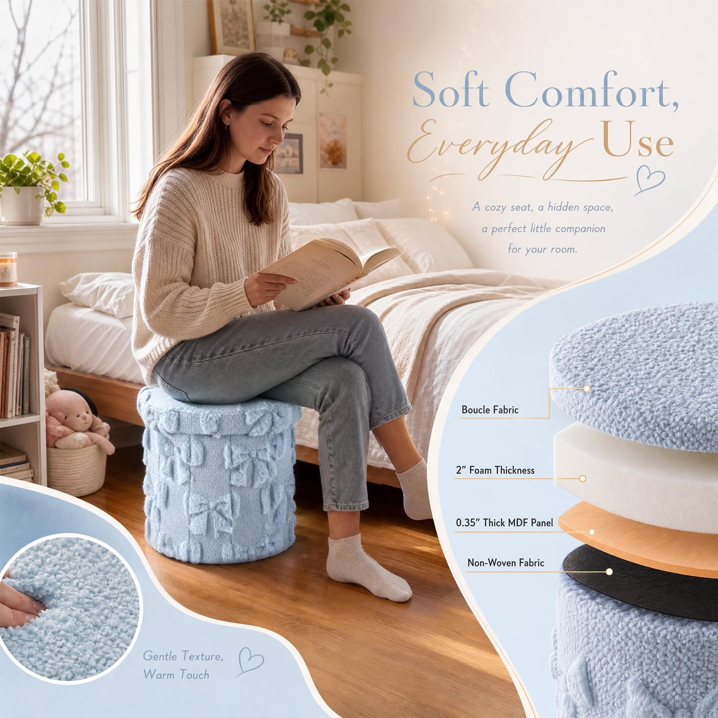 RattanView Storage Ottoman Dorm 12 Inch Blue Bow Round Ottoman Dorm Back to School Coquette Foldable Foot Rest Stool with Lid for College Dormitory Bedroom Office