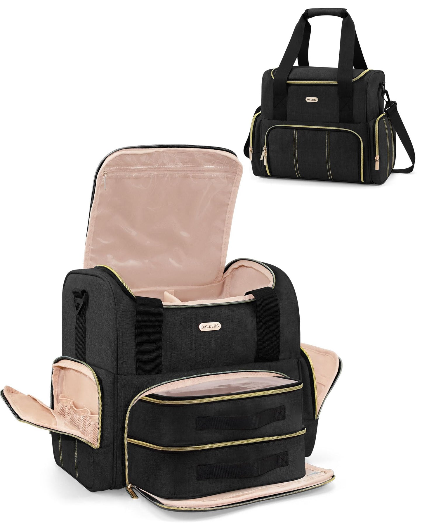 BALULHG Large Travel Makeup Bag with 2 Removable Cases, Cosmetic Bag with Multiple Storage Sections, with Multiple Storage Sections,Double Layer Big Travel Make Up Organizer Case,Travel Toiletry Bag