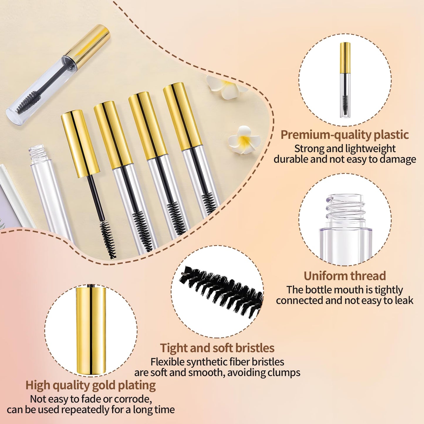 Amzlysdok 16 Pack Empty Mascara Tube 10ml Refillable Bottles with Brush Wand&Funnels,Leakproof Travel Containers for Lash & Brow Serum,Portable for Makeup Artists or Beginners(Gold)