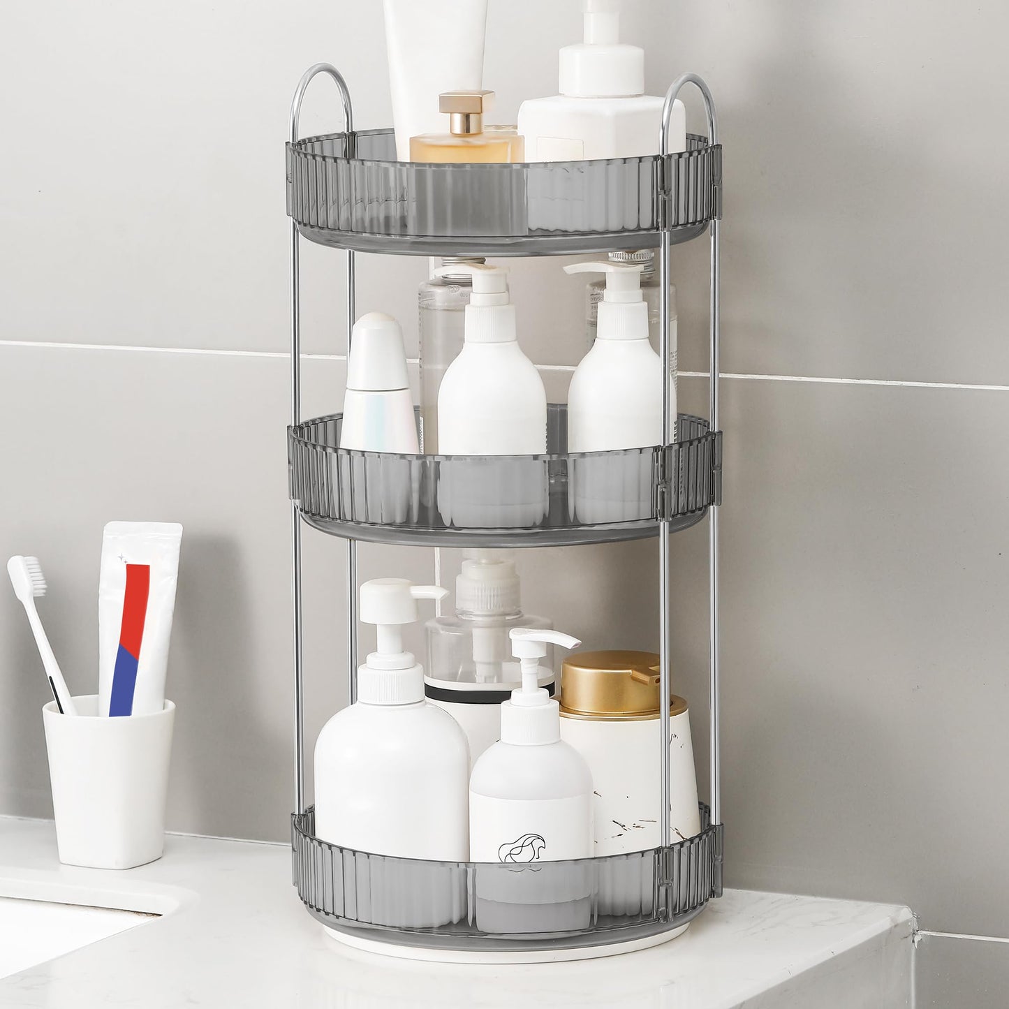 YCIA&DONE 360 Rotating Makeup Organizer and Storage for Vanity Countertop 3 Tiers, High Capacity Cosmetic Skincare Perfume Organizers for Dresser Bathroom Lazy Susan (Smoky Gray)