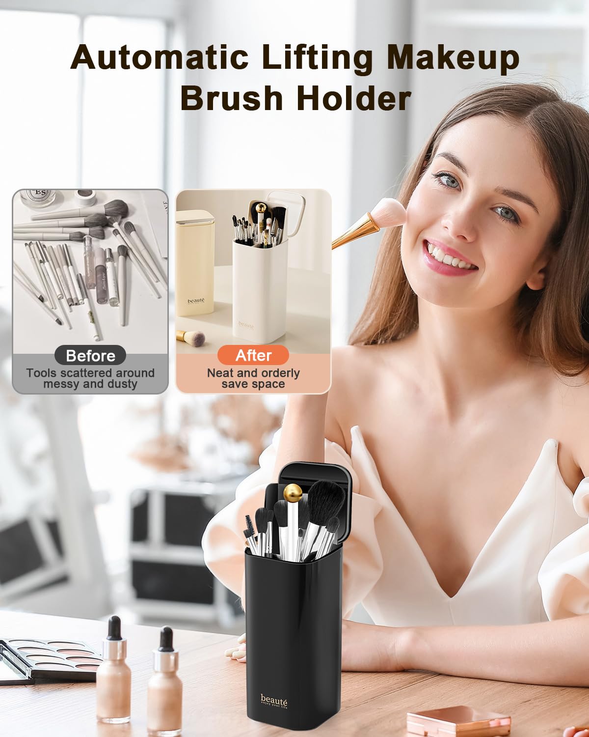 Upgrade Makeup Brush Holder Organizer with Lid, Automatic Lifting Dustproof Makeup Brushes Organizer with 4 Compartments for Vanity，Cosmetic Storage for Dresser Countertop and Bathroom (White Gold)