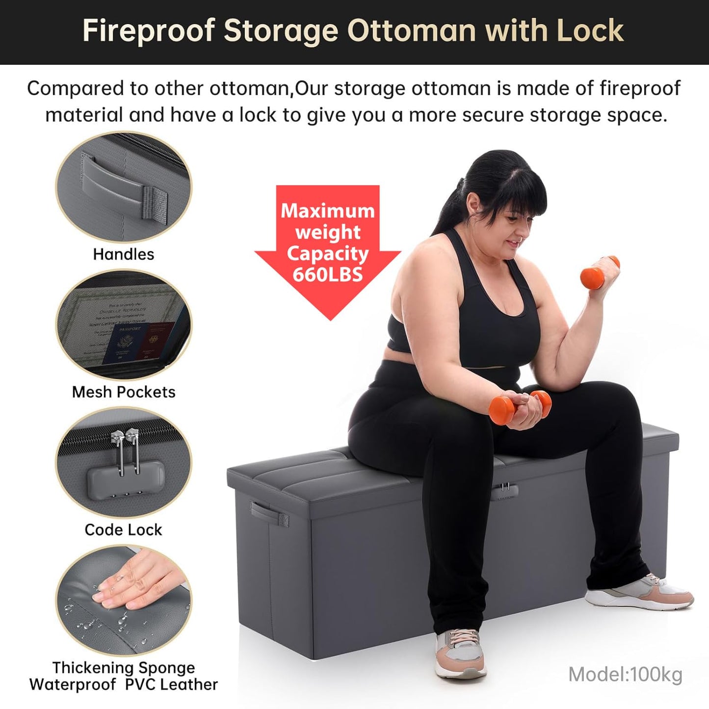 DocSafe Storage Ottoman Bench, Fireproof＆Waterproof Folding Bench with Lock(15”x 43”x15”), Leather Storage Chest with Handles＆2 Extra Boxes, Ottoman Safe for Bedroom,Living Room,Home Office, Gray