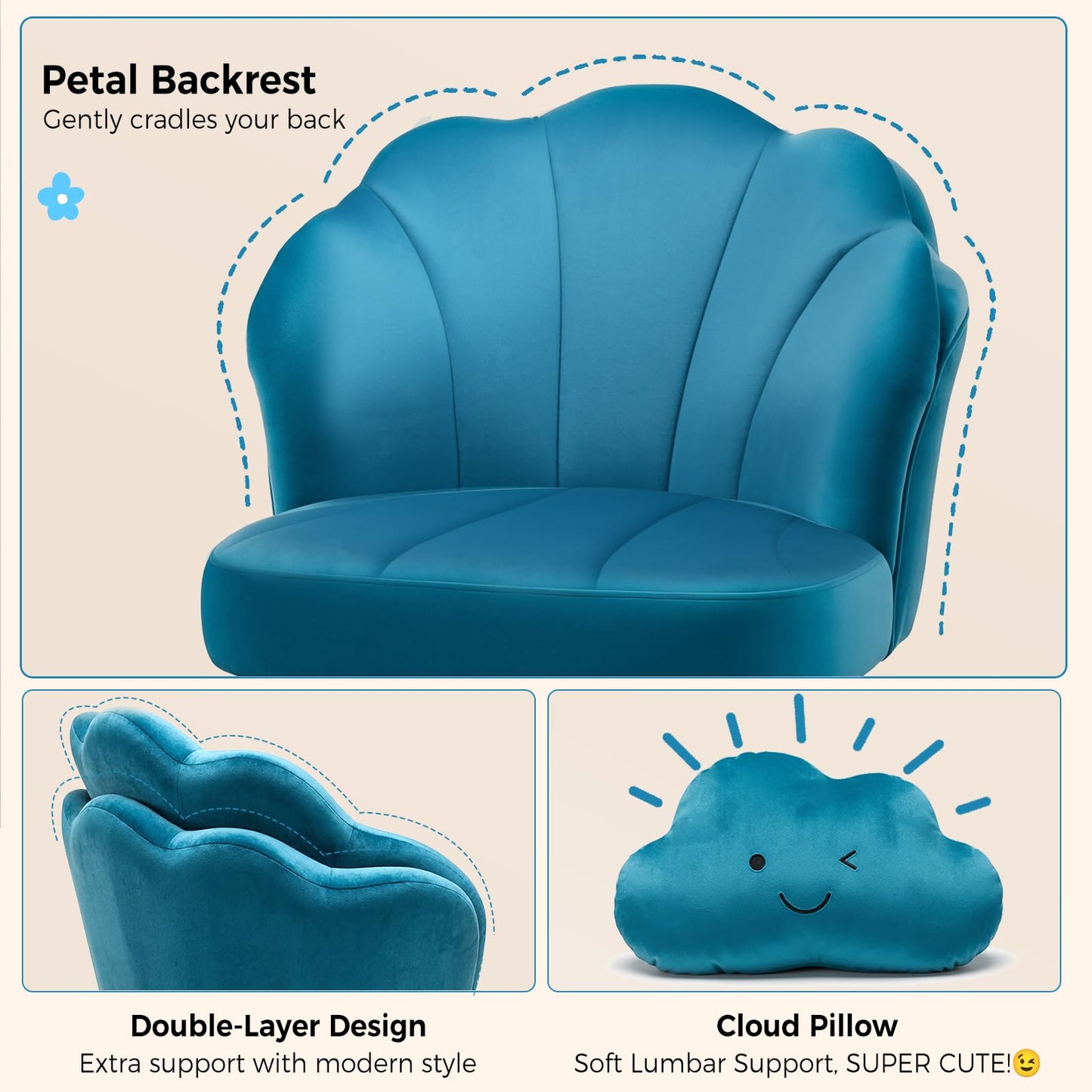 COMHOMA Petal Vanity Chair with Wheels, Cute Desk Chair for Girls Women, Upholstered Home Office Chair with Backrest, Height Adjustable Armless Swivel Chair for Bedroom, Velvet, Blue