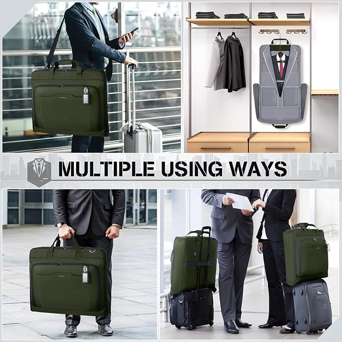 RAINSMORE Garment Bags for Travel Carry On Garment Bag for Hanging Clothes, Suit Bag for Business Trips with Shoes bag & Shoulder Strap, Waterproof Foldable Suit Luggage Bag for Men Women, Green