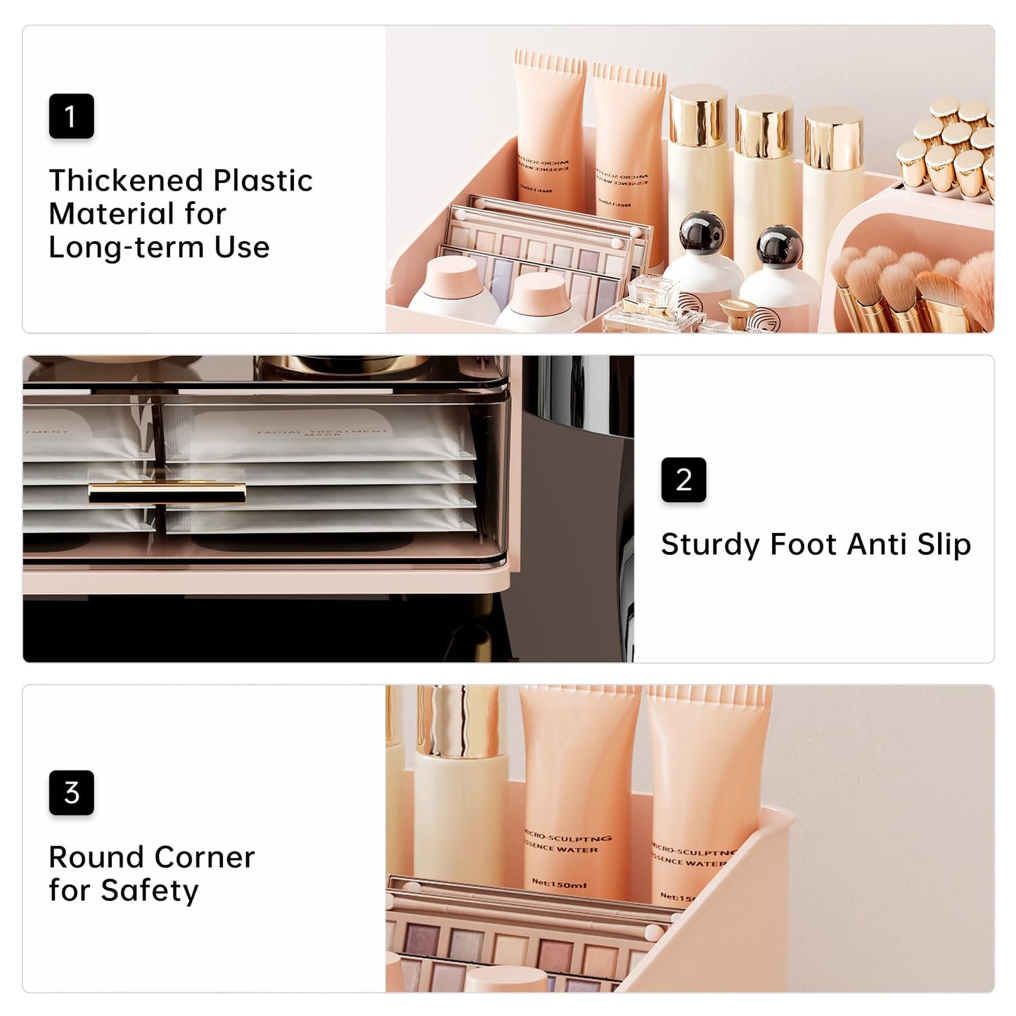 UFORU Makeup Organizer for Vanity with Brush Holder, Large Capacity Bathroom Countertop Skincare Organizer with 2 Drawers, Cosmetic Display Case for Perfumes, Eyeshadow Palettes, Nail Polishes