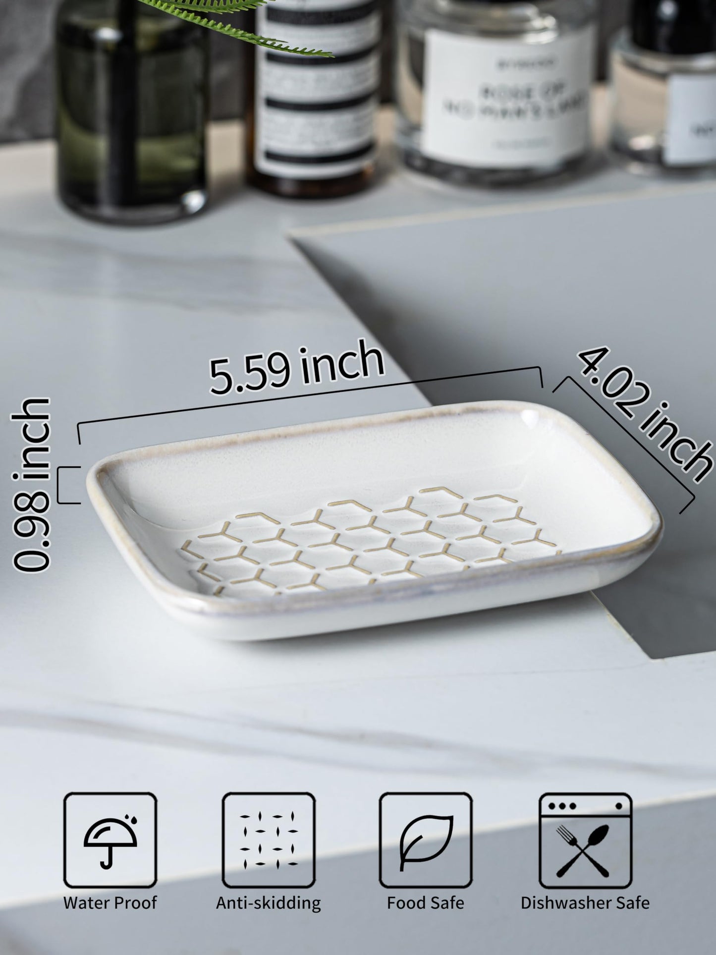 Gomakren Soap Dish for Shower, Ceramic Bar Soap Holder with Honeycomb Design, Soap Saver Tray for Bathroom Kitchen Sink, Sponge & Organizer Tray, Upscale Look, 5.5 Inch, Beige