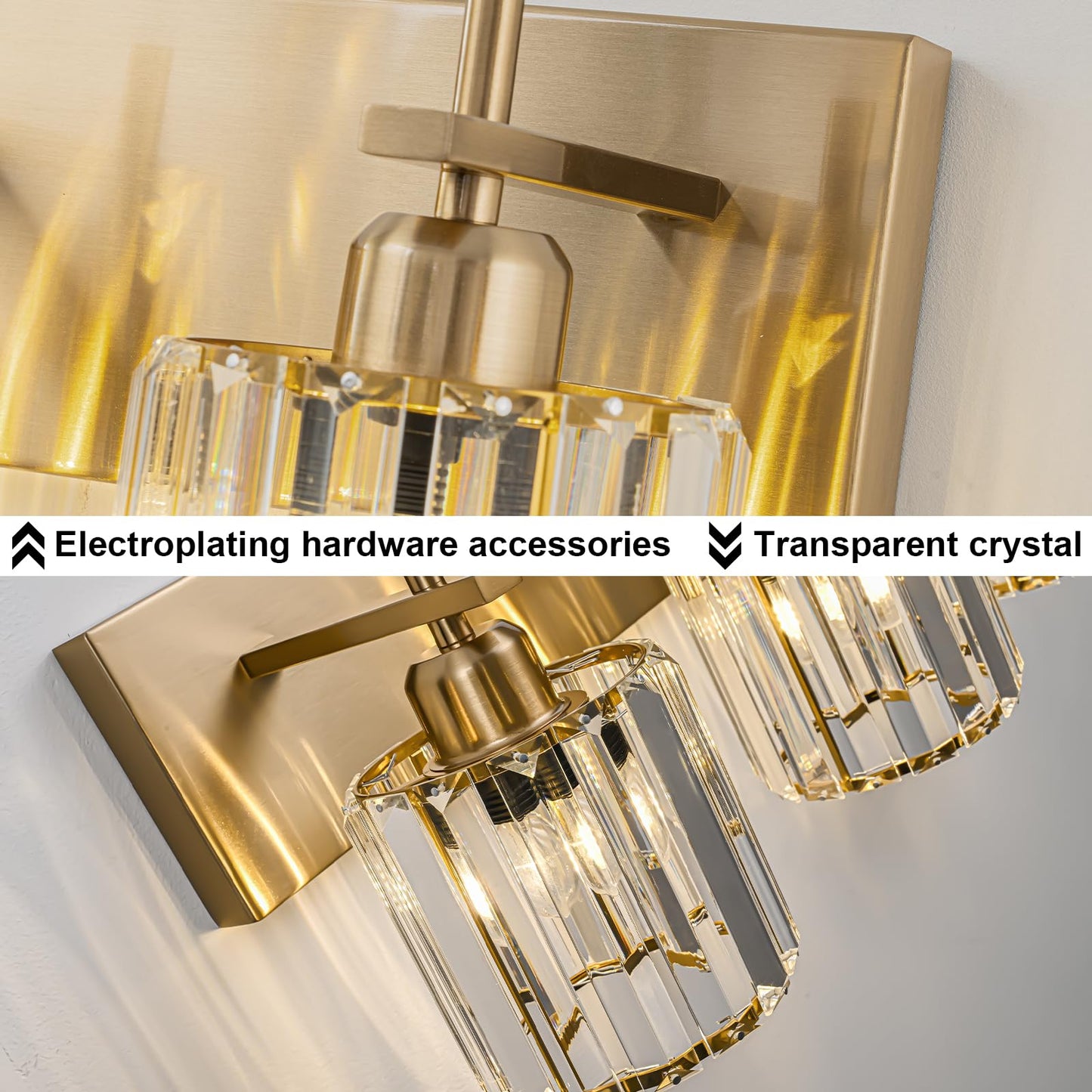 HUOKU Modern Crystal Bathroom Vanity Lights, Gold 3-Lights Bathroom Light Fixtures Over Mirror, Crystal Wall Lighting with Polished Brass Finish