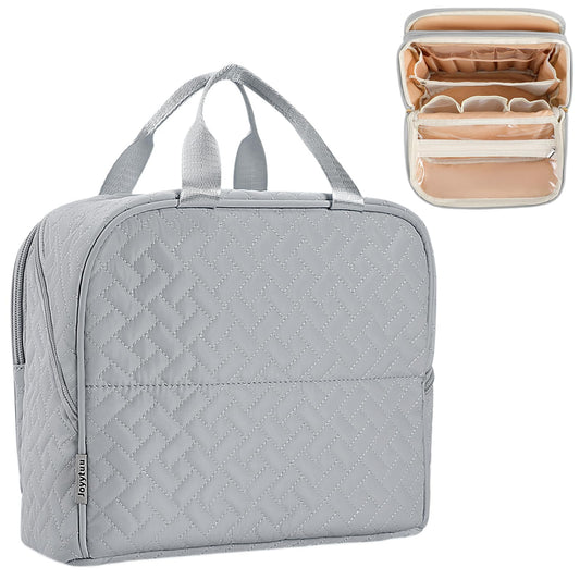 JOYYTUU Makeup Bag, Stand up Large Capacity with Room for Brushes and Mirror, Travel Makeup Organizer, Portable Standing Make Up Case, Waterproof Cosmetic Toiletry Bags with Handle, Color Grey