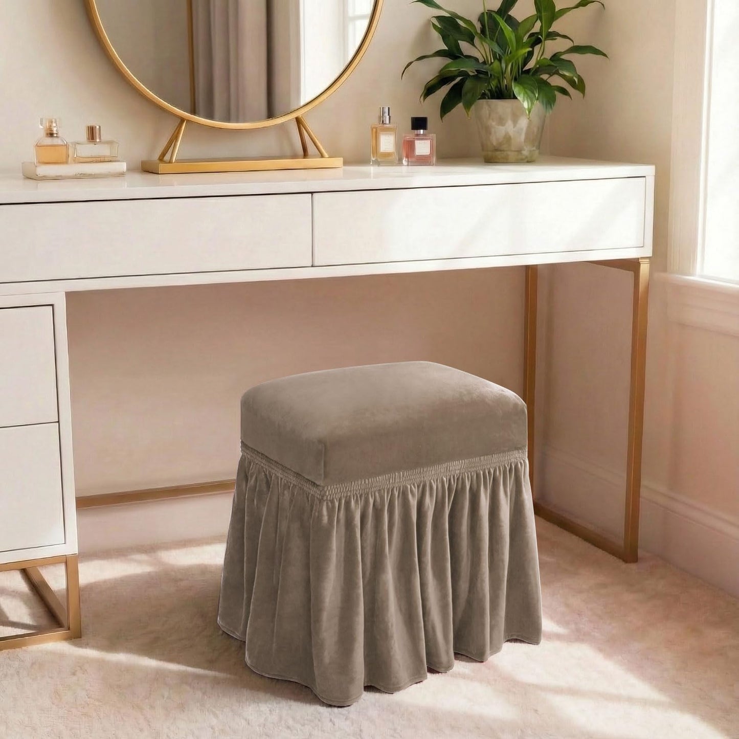 NICEEC Spandex Stretch Vanity Bench Cover with Skirt Removable Super Soft Rectangle Bench Slipcover Washable Bench Cushion Seat Covers for Living Room Bedroom Kitchen(Coffee)