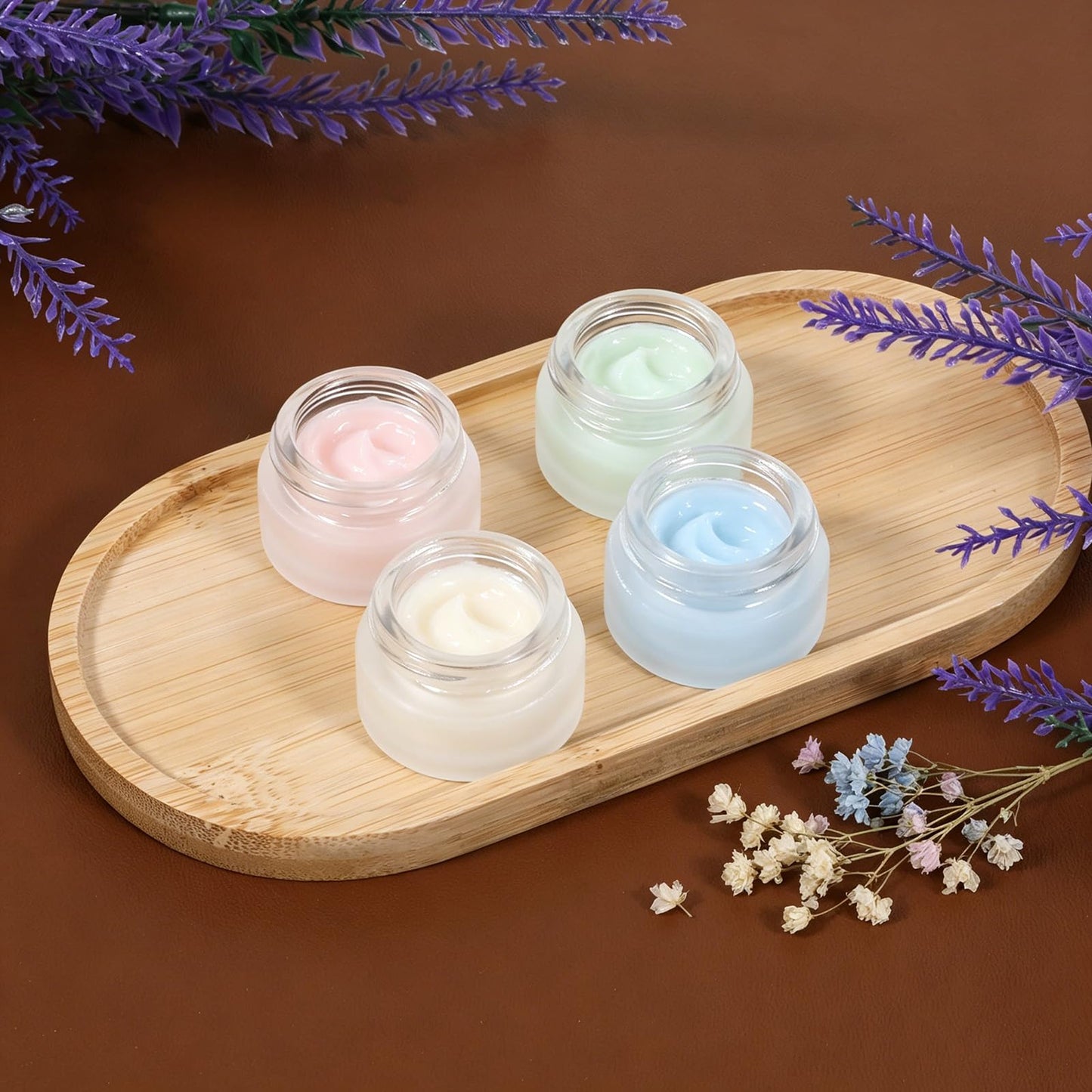 36 Pcs 5 Grams Glass Cosmetic Containers, Round Frosted Cosmetic Jars with Leak proof Woodgrain Lids, Makeup Sample Containers, Empty Glass Sample Jars for Lotion, Cream, Scrub, Balm