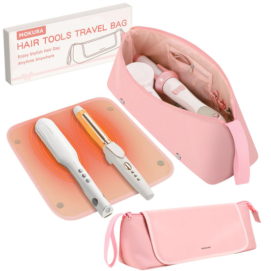 MOKURA Hair Tools Travel Bag with Heat Resistant Mat, Women Hot Hair Accessories Organizer Case, Storage Pouch for Curling Iron Straightener Flat Iron, Gifts for Women, Mon, Girlfriend, Pink