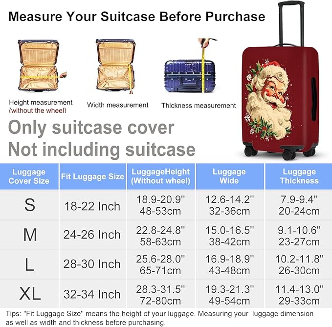 Retro Santa Luggage Cover - Vintage Saint Nicholas with Holly and Snowflakes, Traditional Christmas Suitcase Protector 18 20 22 Inch