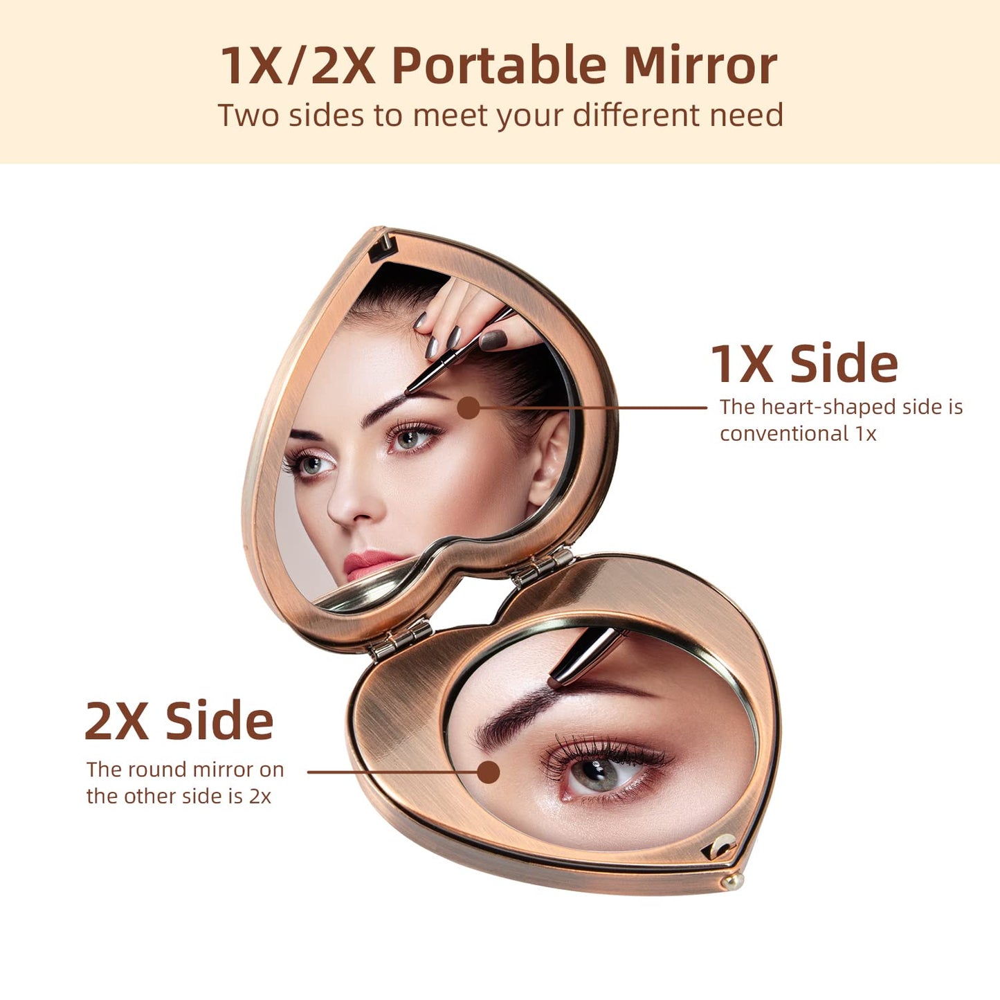 EYIDADAE Mini Vintage Heart Elegant Makeup Mirror, Portable 1X/2X Magnifier (Retro Red)
