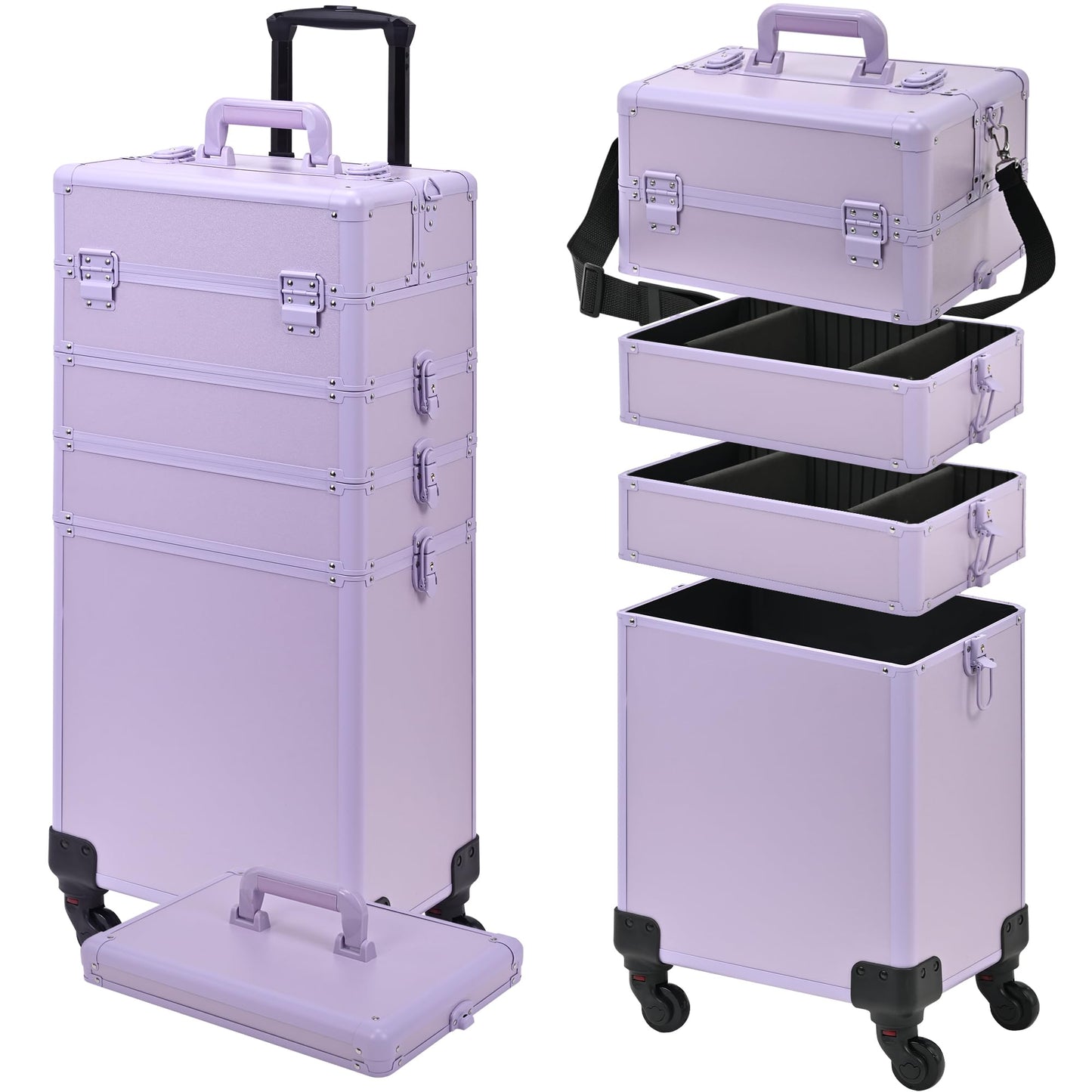 Somduy Rolling Makeup Case, Makeup Train Case with Lid, 5 in 1 Cosmetology Case on Wheels, Christmas Gift, Large Makeup Organizers, Profesional Cosmetic Case for Salon Barber, Purple